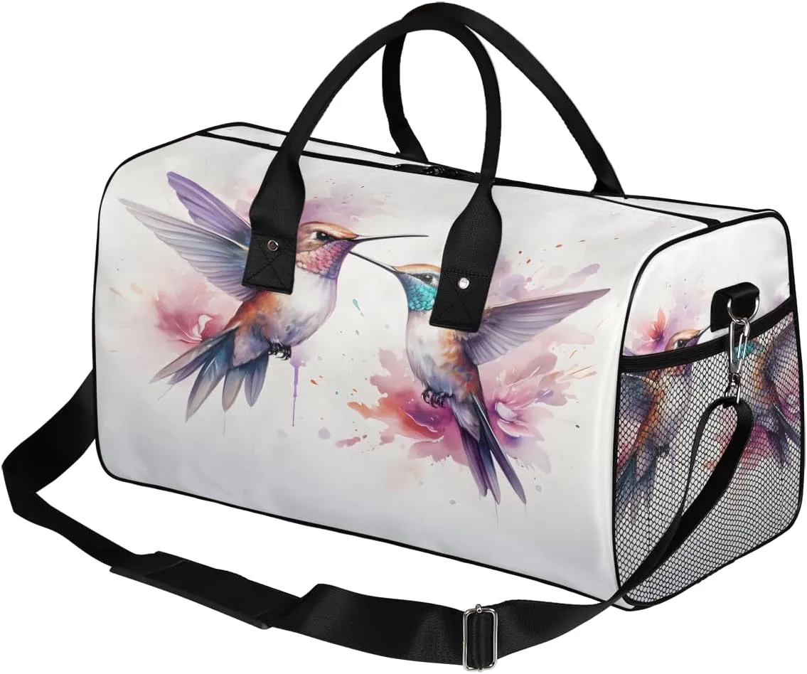 Lovely Hummingbird Travel Duffle Bag for Women Men Foldable Waterproof Weekender Bag Carry on Tote for Overnight Sports Gym Colorful Bird with Flowers