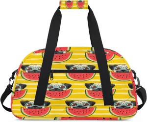 Lovely Pug Dog Gym Duffel Bag for Men Women Watermelon Sports Tote Bag with Adjustable Shoulder Strap for Dance Gymnastics Traveling Outdoor Camping Overnight Stay