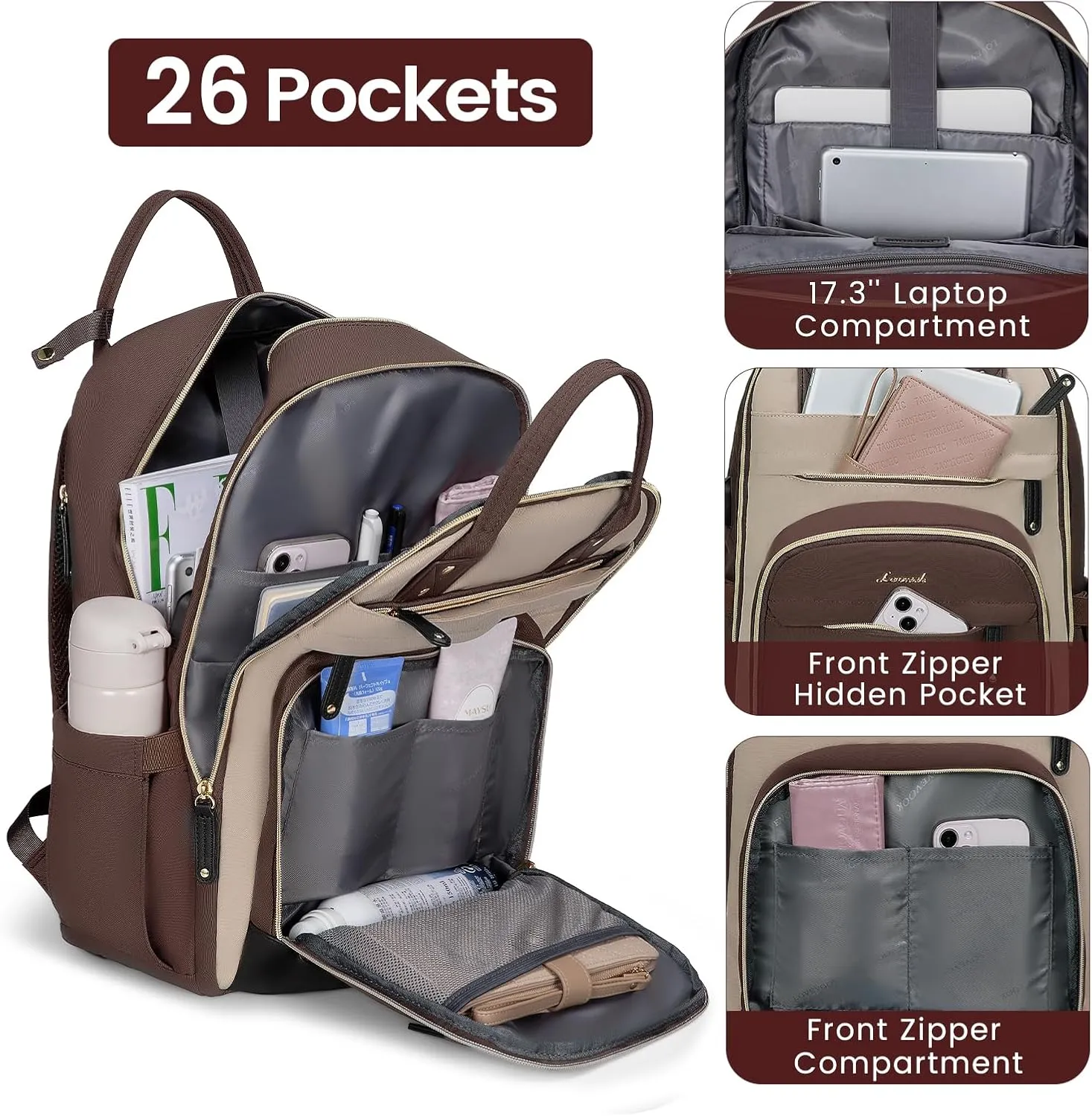 LOVEVOOK Backpack for Women,Laptop Backpack Women,Fits 17 Inch Laptop Bag,School Backpacks,Fashion Travel Work Anti-theft Bag,Waterproof Business Computer College Backpack Purse,Brown-Apricot