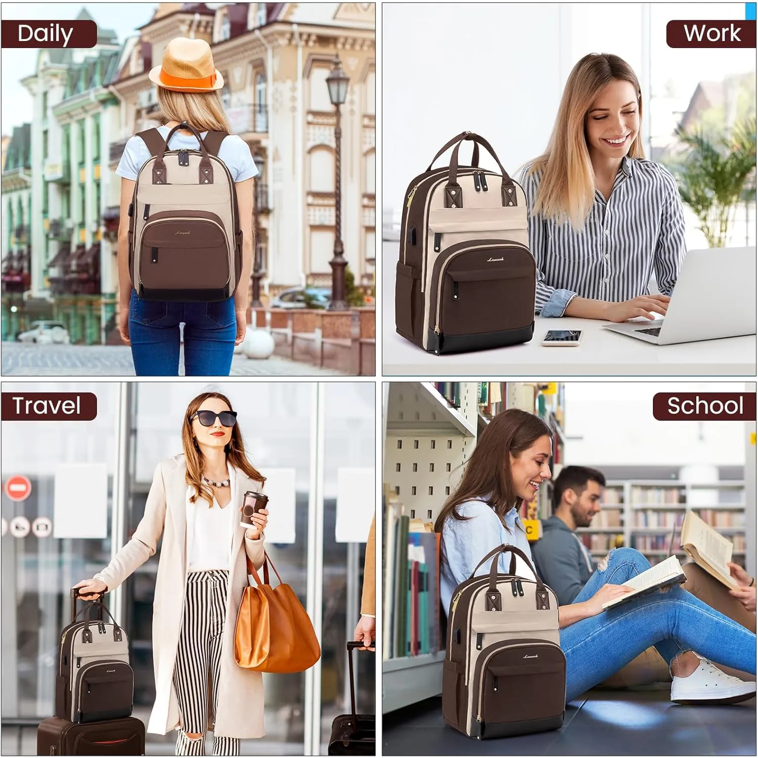 LOVEVOOK Backpack for Women,Laptop Backpack Women,Fits 17 Inch Laptop Bag,School Backpacks,Fashion Travel Work Anti-theft Bag,Waterproof Business Computer College Backpack Purse,Brown-Apricot