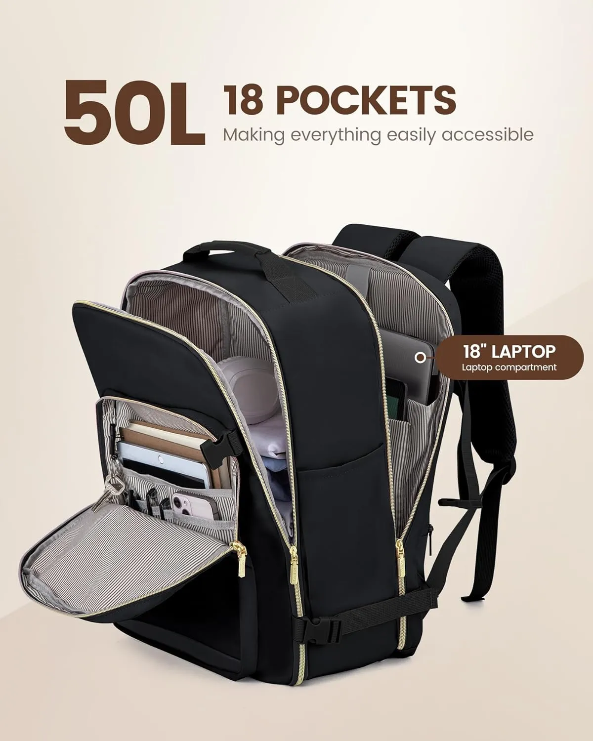 LOVEVOOK Carry on Backpack, 50L Travel Backpack Flight Approved, Waterproof Large 18inch Laptop Backpack Luggage Daypack Business Weekender Overnight with 3 Packing Cubes, Black-Black