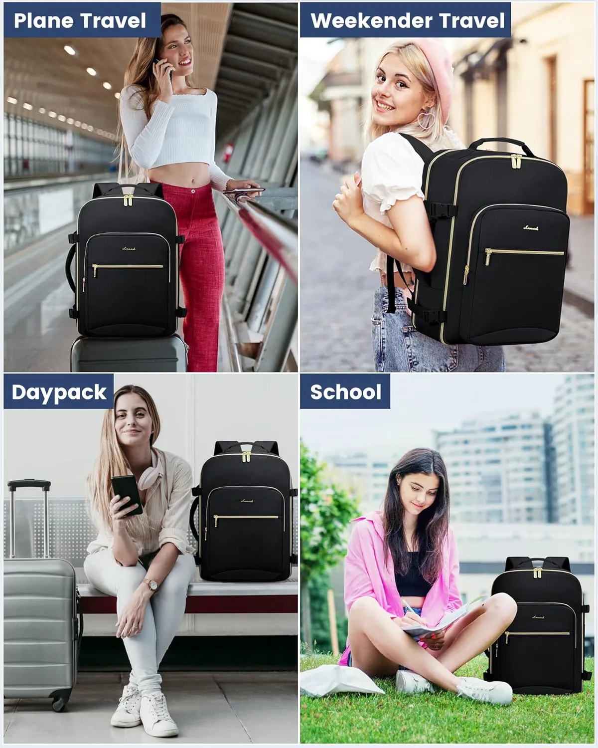 LOVEVOOK Carry on Backpack, 50L Travel Backpack Flight Approved, Waterproof Large 18inch Laptop Backpack Luggage Daypack Business Weekender Overnight with 3 Packing Cubes, Black-Black