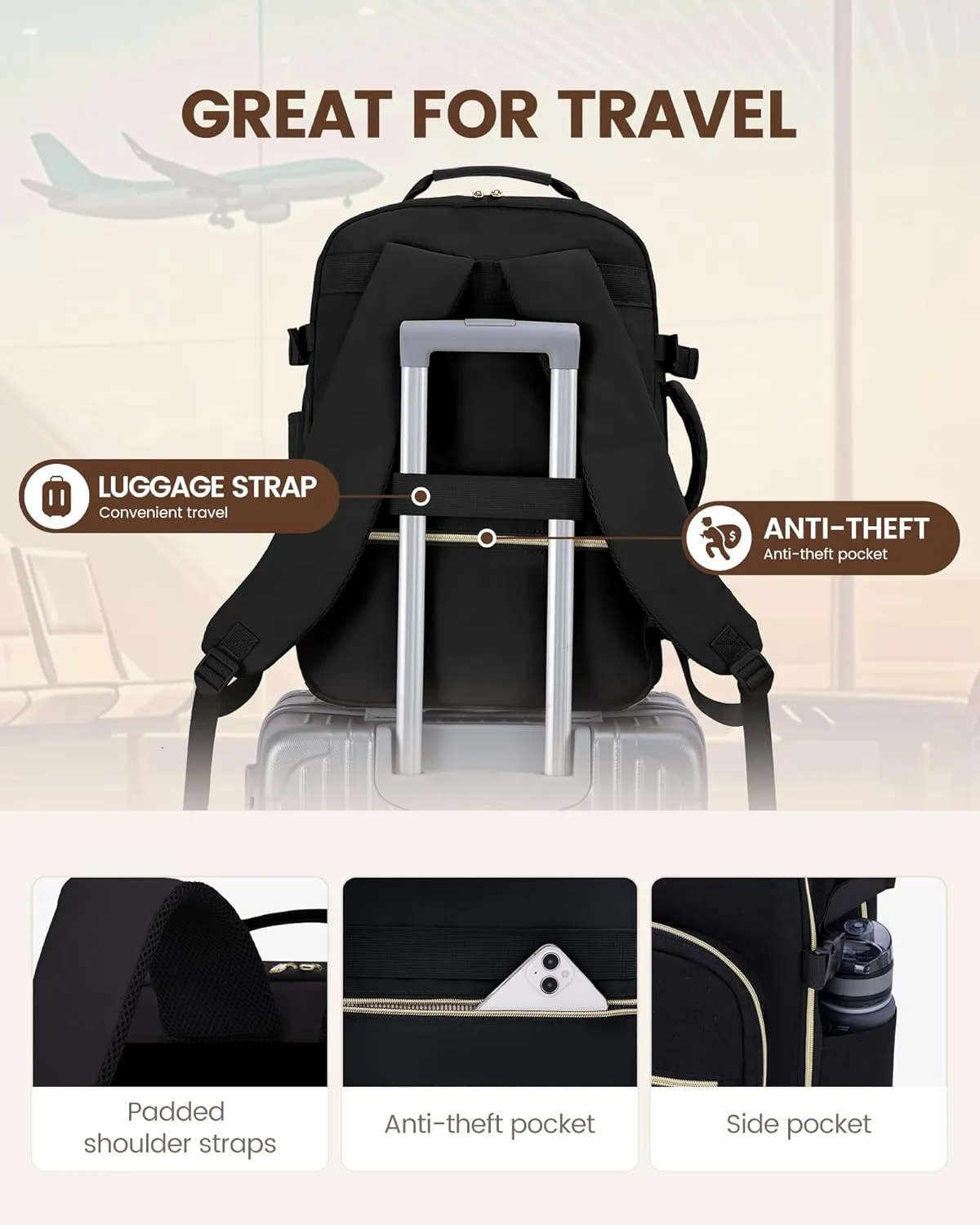 LOVEVOOK Carry on Backpack, 50L Travel Backpack Flight Approved, Waterproof Large 18inch Laptop Backpack Luggage Daypack Business Weekender Overnight with 3 Packing Cubes, Black-Black