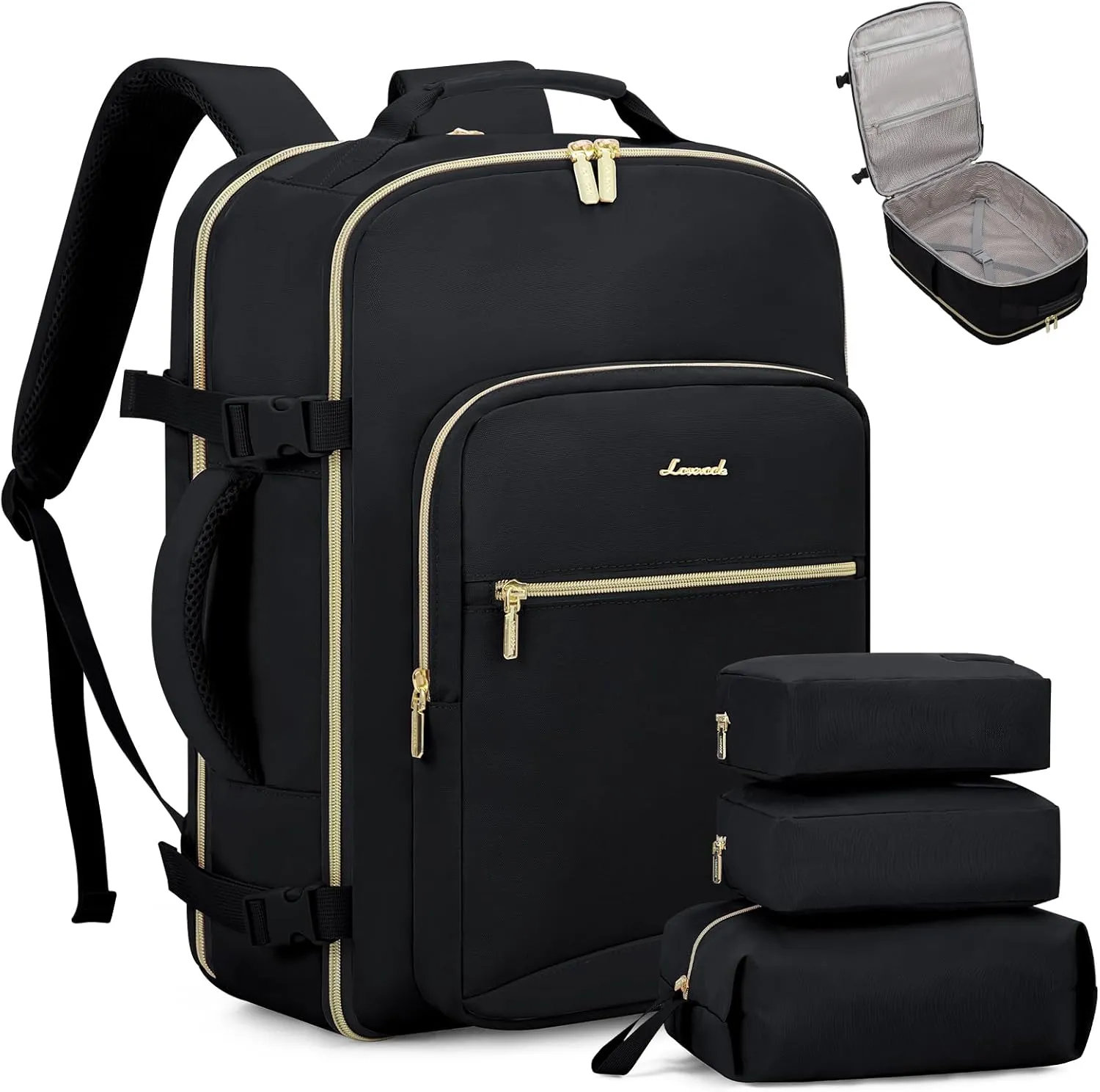 LOVEVOOK Carry on Backpack, 50L Travel Backpack Flight Approved, Waterproof Large 18inch Laptop Backpack Luggage Daypack Business Weekender Overnight with 3 Packing Cubes, Black-Black