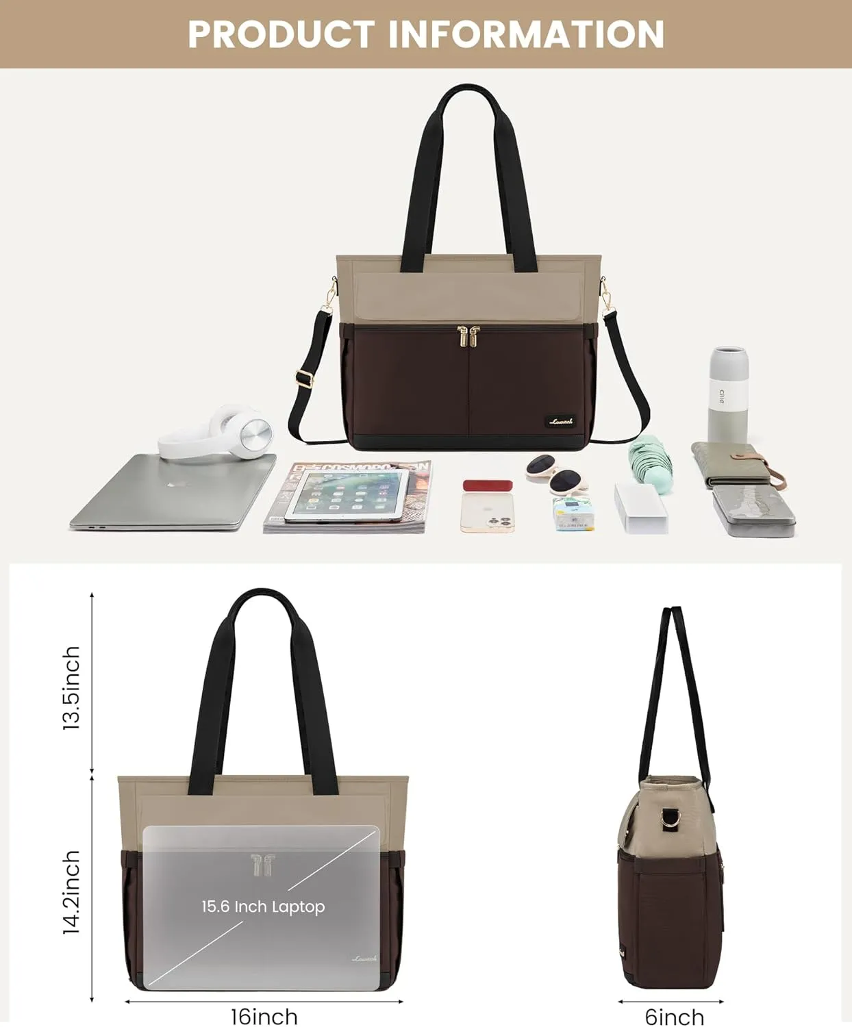 LOVEVOOK Laptop Bag for Women 15.6 Inch Laptop Tote Bag Large Capacity Work Bags Mutiple Pockets Teacher Bags with Removable Strap Water Resistant Computer Purse for Business Travel, Apricot-coffee