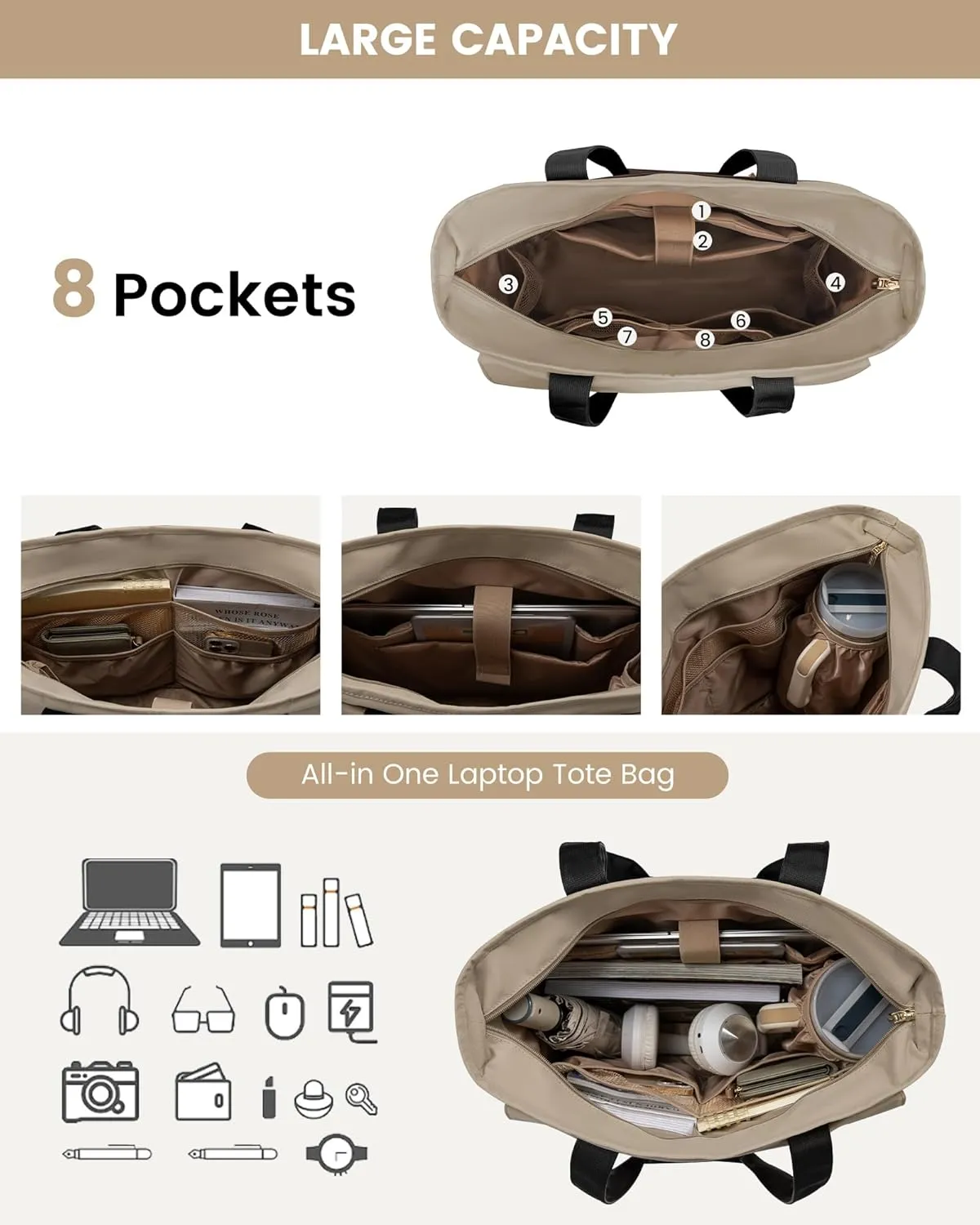 LOVEVOOK Laptop Bag for Women 15.6 Inch Laptop Tote Bag Large Capacity Work Bags Mutiple Pockets Teacher Bags with Removable Strap Water Resistant Computer Purse for Business Travel, Apricot-coffee