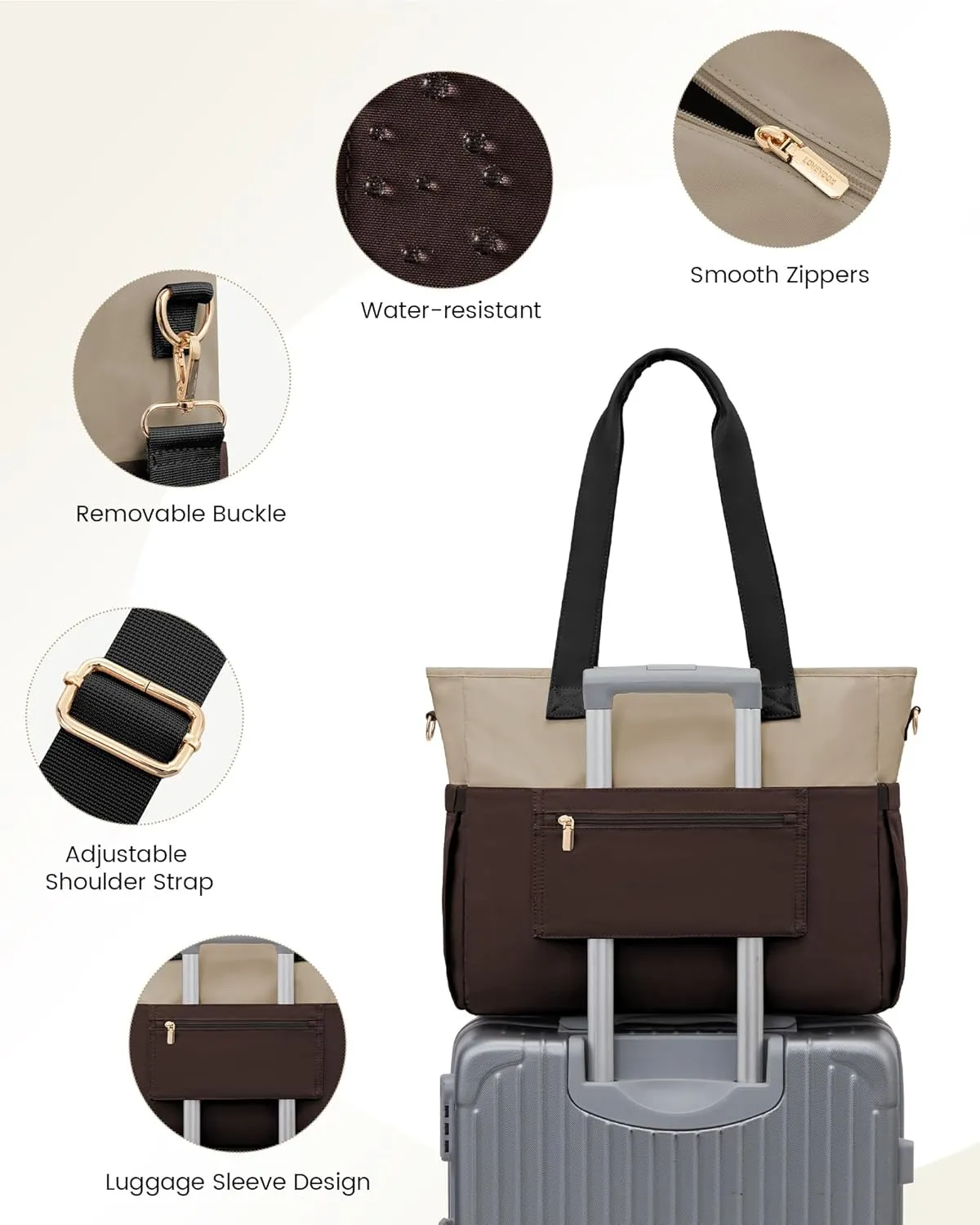 LOVEVOOK Laptop Bag for Women 15.6 Inch Laptop Tote Bag Large Capacity Work Bags Mutiple Pockets Teacher Bags with Removable Strap Water Resistant Computer Purse for Business Travel, Apricot-coffee