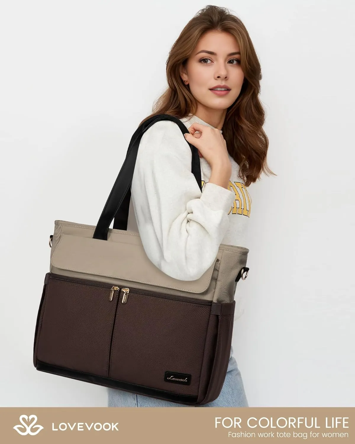 LOVEVOOK Laptop Bag for Women 15.6 Inch Laptop Tote Bag Large Capacity Work Bags Mutiple Pockets Teacher Bags with Removable Strap Water Resistant Computer Purse for Business Travel, Apricot-coffee