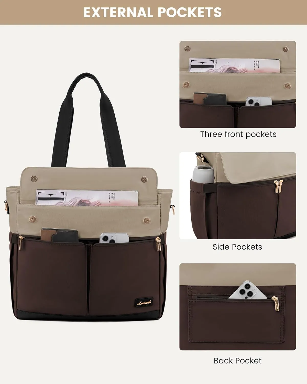 LOVEVOOK Laptop Bag for Women 15.6 Inch Laptop Tote Bag Large Capacity Work Bags Mutiple Pockets Teacher Bags with Removable Strap Water Resistant Computer Purse for Business Travel, Apricot-coffee