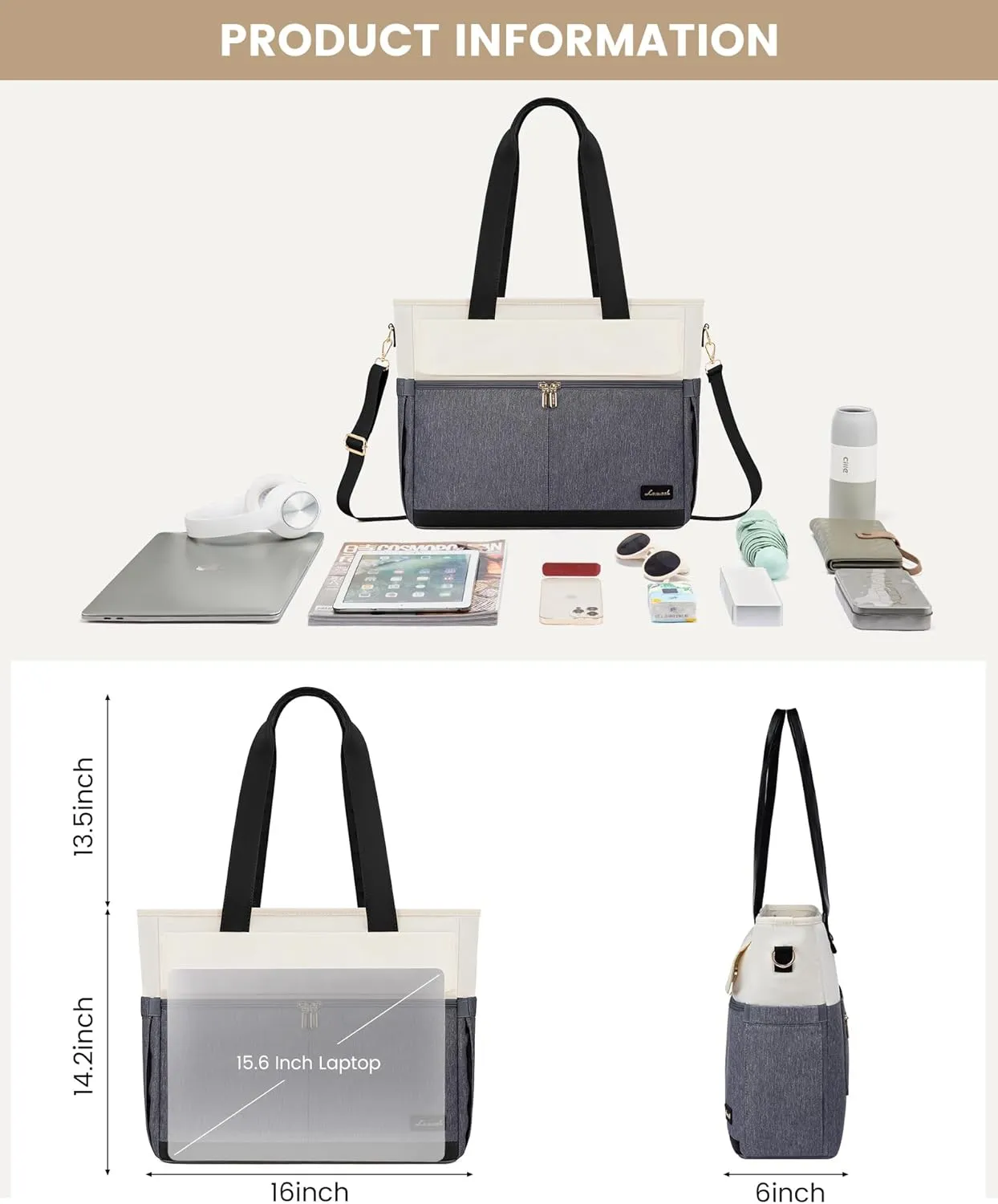 LOVEVOOK Laptop Bag for Women 15.6 Inch Laptop Tote Bag Large Capacity Work Bags Mutiple Pockets Teacher Bags with Removable Strap Water Resistant Computer Purse for Business Travel, Gray Beige