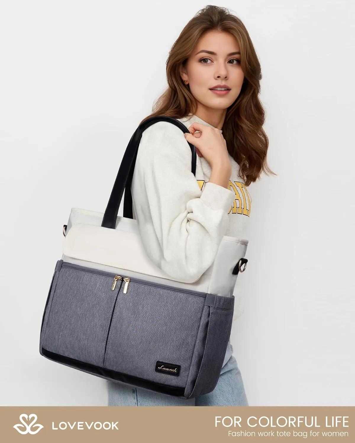 LOVEVOOK Laptop Bag for Women 15.6 Inch Laptop Tote Bag Large Capacity Work Bags Mutiple Pockets Teacher Bags with Removable Strap Water Resistant Computer Purse for Business Travel, Gray Beige
