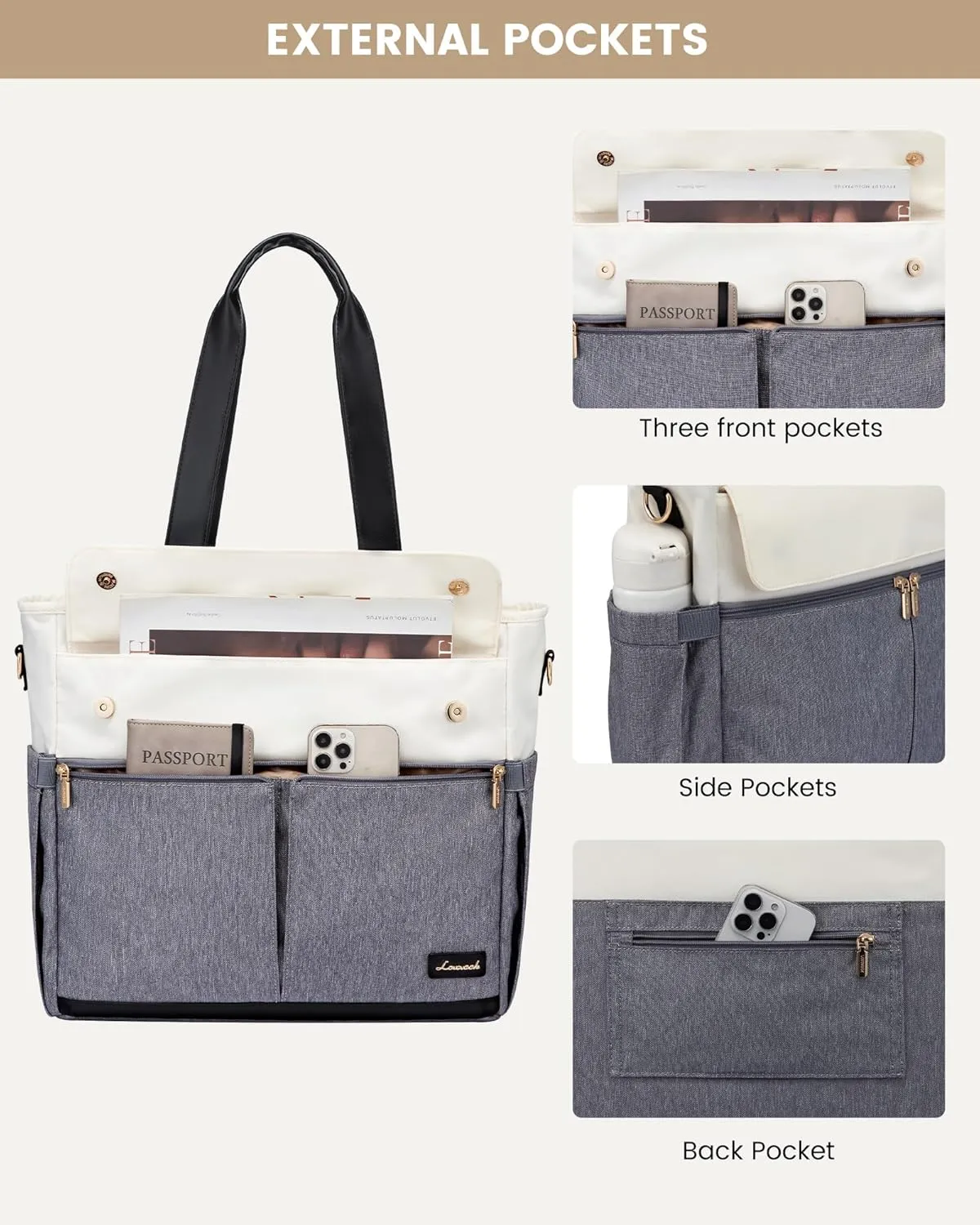 LOVEVOOK Laptop Bag for Women 15.6 Inch Laptop Tote Bag Large Capacity Work Bags Mutiple Pockets Teacher Bags with Removable Strap Water Resistant Computer Purse for Business Travel, Gray Beige