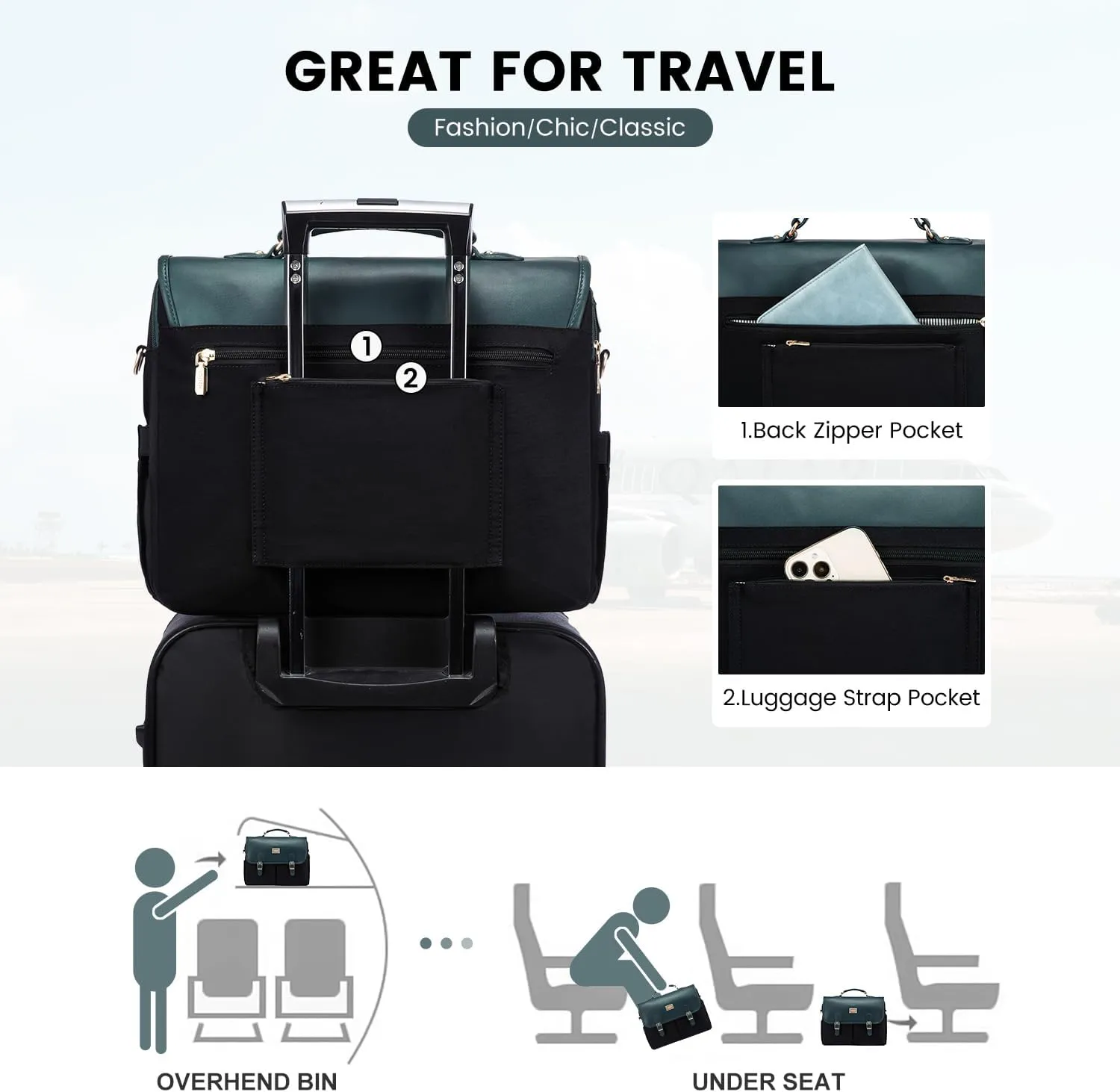 LOVEVOOK Laptop Bag for Women, 15.6 inch Large Capacity Computer Briefcase Case, Crossbody Messenger Shoulder Bag, Office Business Work Tote Bags Purse for Travel Gifts, Deepgreen-black