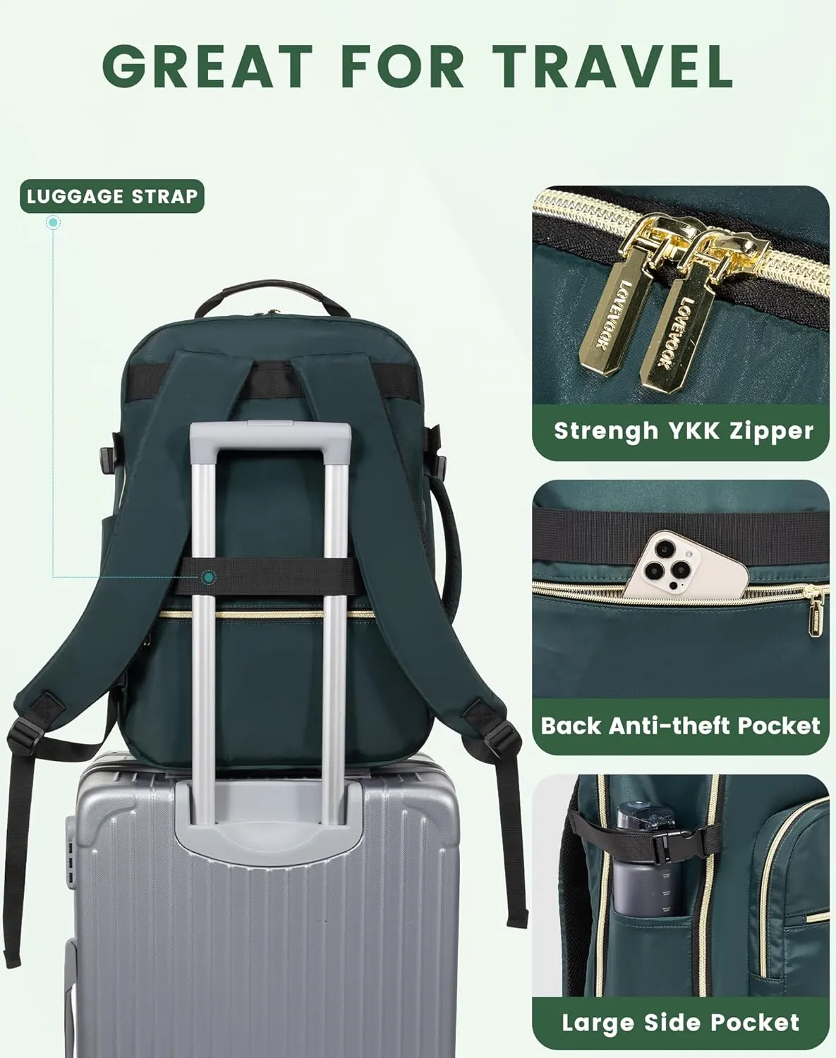 LOVEVOOK Travel Backpack for Men, 50L Carry on Backpack as Personal Item Flight Approved, Waterproof Large 18inch Laptop Luggage Business Weekender Overnight with 3 Packing Cubes, Dark green-Black