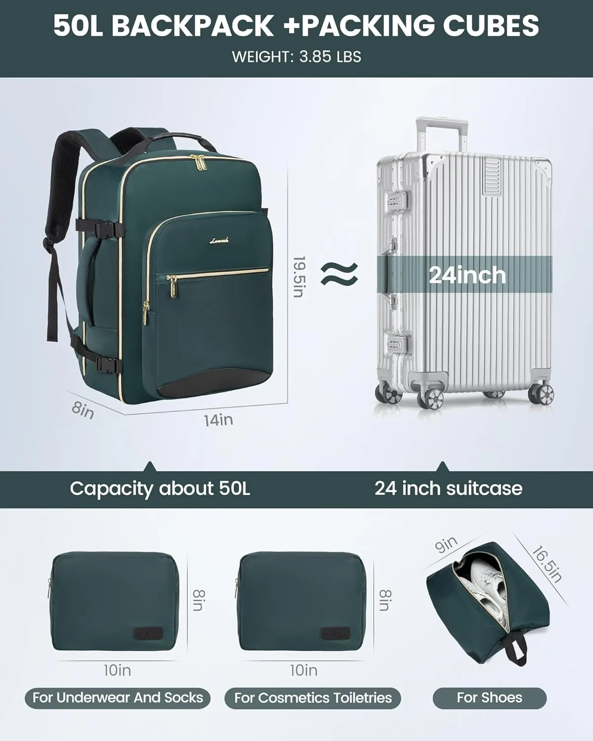 LOVEVOOK Travel Backpack for Men, 50L Carry on Backpack as Personal Item Flight Approved, Waterproof Large 18inch Laptop Luggage Business Weekender Overnight with 3 Packing Cubes, Dark green-Black