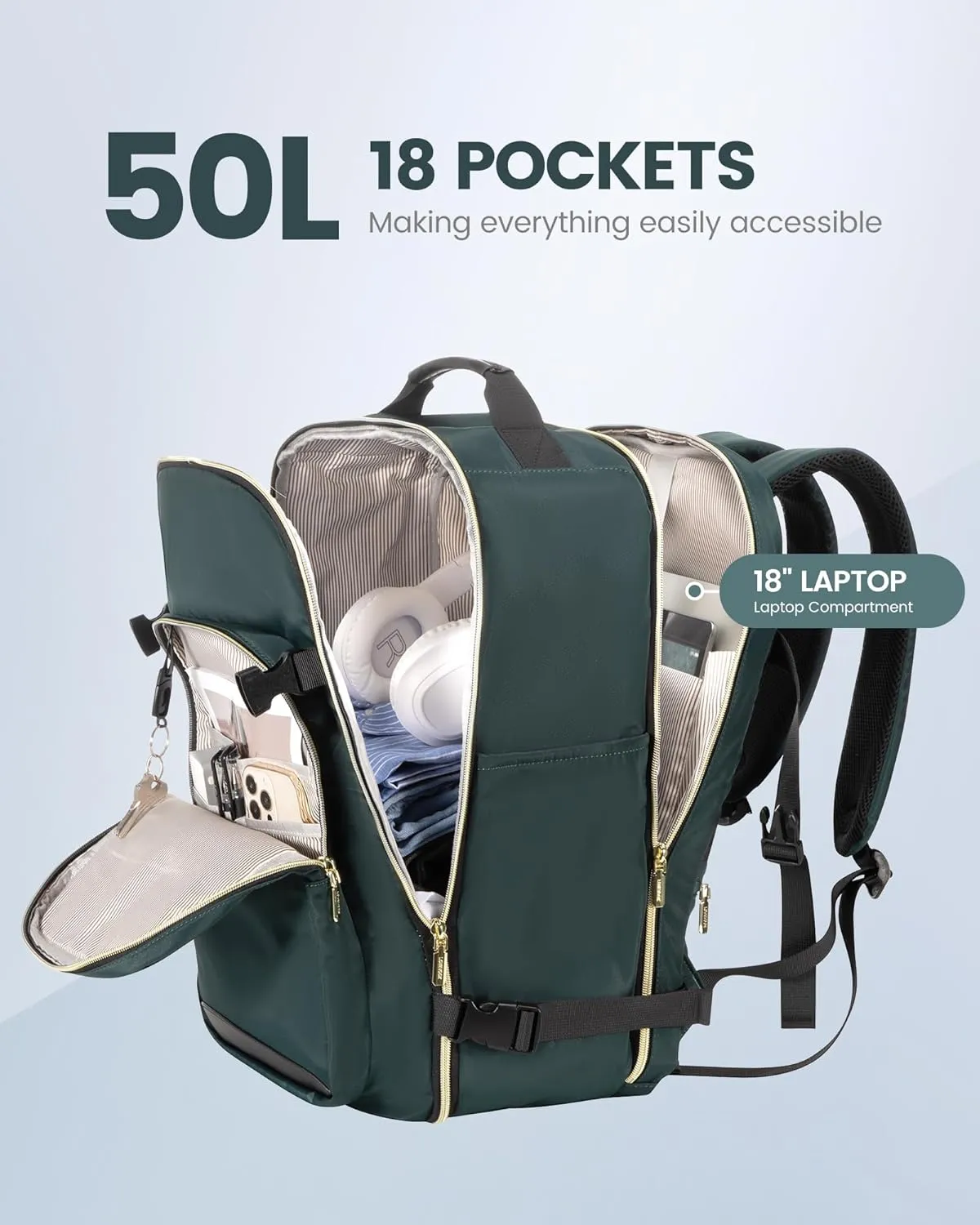LOVEVOOK Travel Backpack for Men, 50L Carry on Backpack as Personal Item Flight Approved, Waterproof Large 18inch Laptop Luggage Business Weekender Overnight with 3 Packing Cubes, Dark green-Black