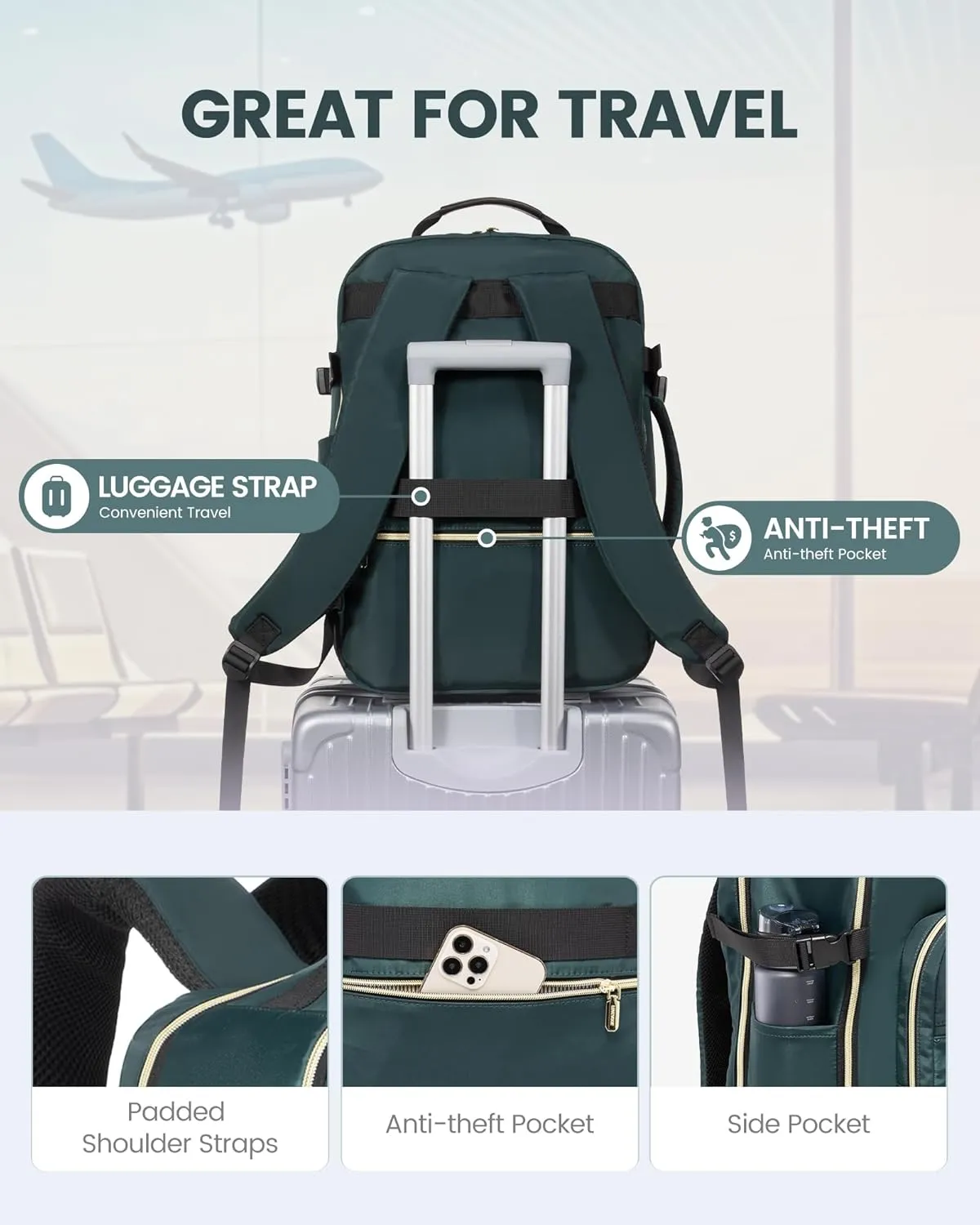 LOVEVOOK Travel Backpack for Men, 50L Carry on Backpack as Personal Item Flight Approved, Waterproof Large 18inch Laptop Luggage Business Weekender Overnight with 3 Packing Cubes, Dark green-Black