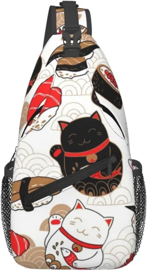 Lucky Cat Sushi Fish Men'S Chest Bag Sling Backpack Crossbody Shoulder Bag Travel Hiking Daypack