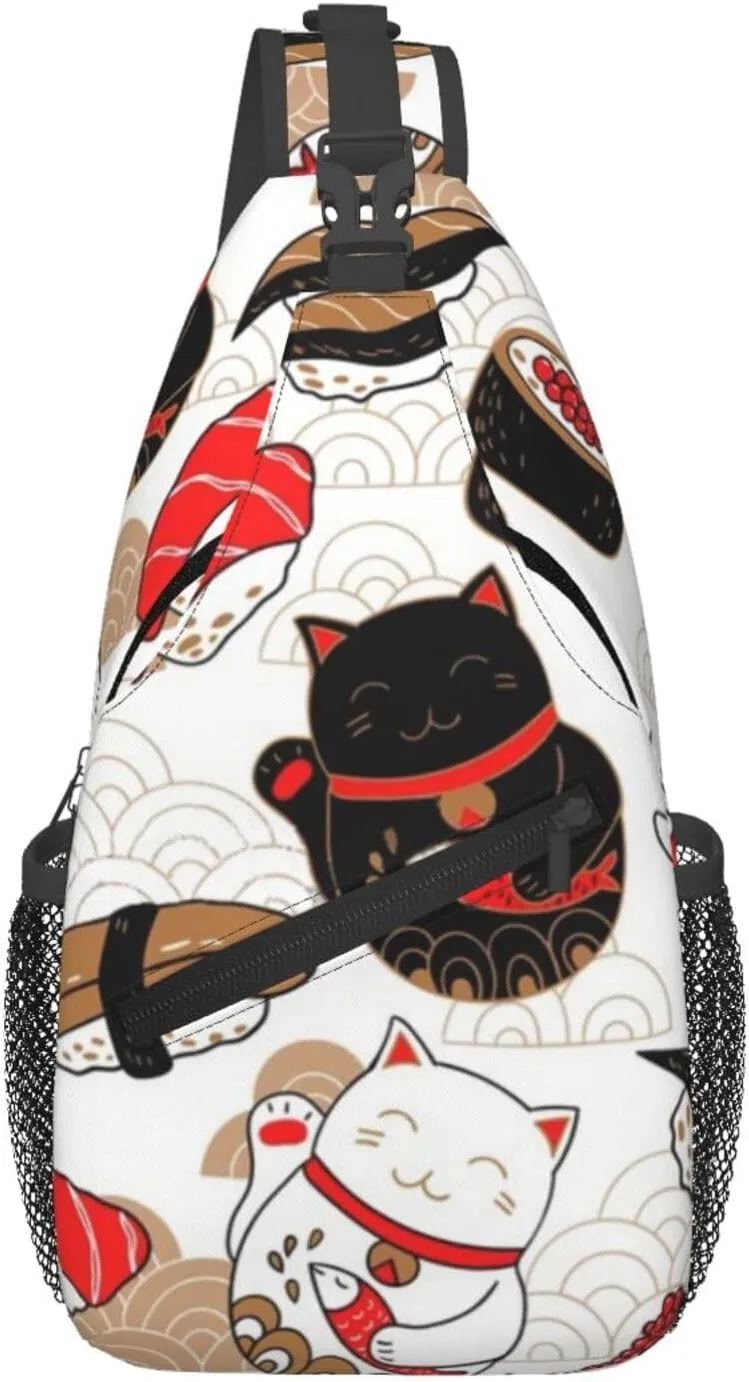 Lucky Cat Sushi Fish Men'S Chest Bag Sling Backpack Crossbody Shoulder Bag Travel Hiking Daypack