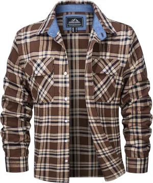 MAGCOMSEN Men's Flannel Shirts Cotton Long Sleeve Plaid Shirt Casual Fashion Button Up Shirts Jackets with 2 Pockets