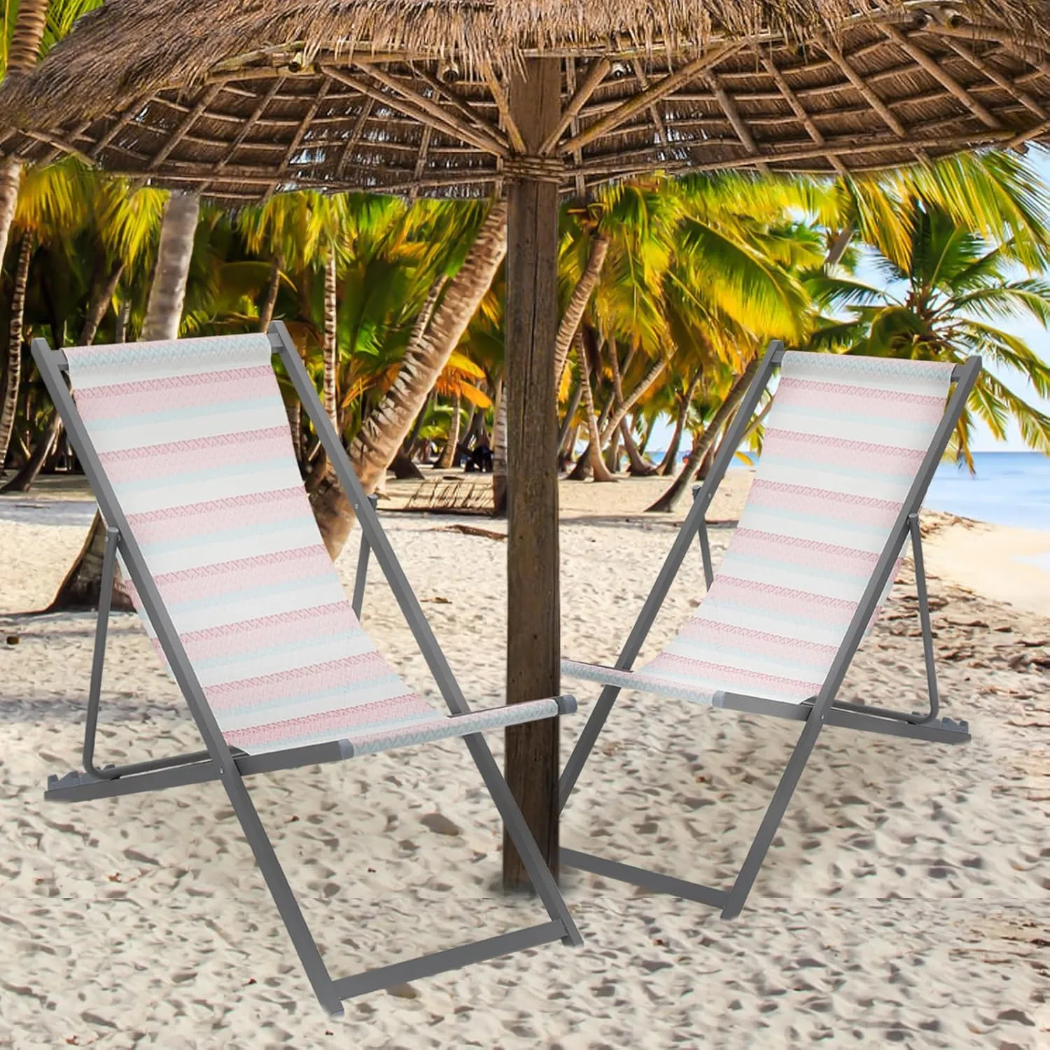 Magshion Folding Beach Sling Chairs Set of 2, 4 Level Adjustable Reclining Design, Lightweight Aluminum Frame, Portable Outdoor Chair for Backyard, Poolside and Camping, Support to 250 lbs, Stripes