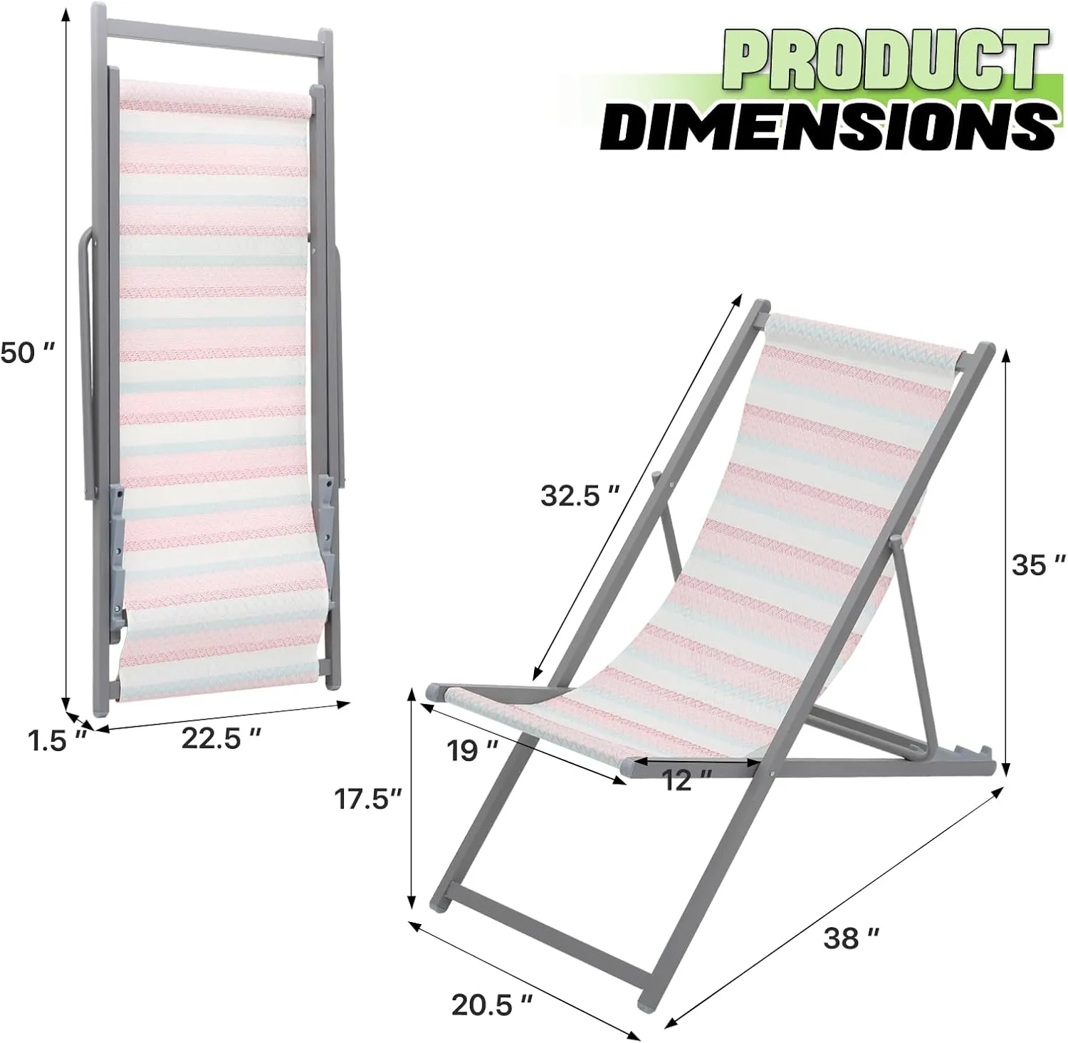 Magshion Folding Beach Sling Chairs Set of 2, 4 Level Adjustable Reclining Design, Lightweight Aluminum Frame, Portable Outdoor Chair for Backyard, Poolside and Camping, Support to 250 lbs, Stripes