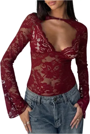 MakeMeChic Women's Lace Sheer Top Y2k Bell Sleeve Cut Out T Shirt Fitted Crop Tops