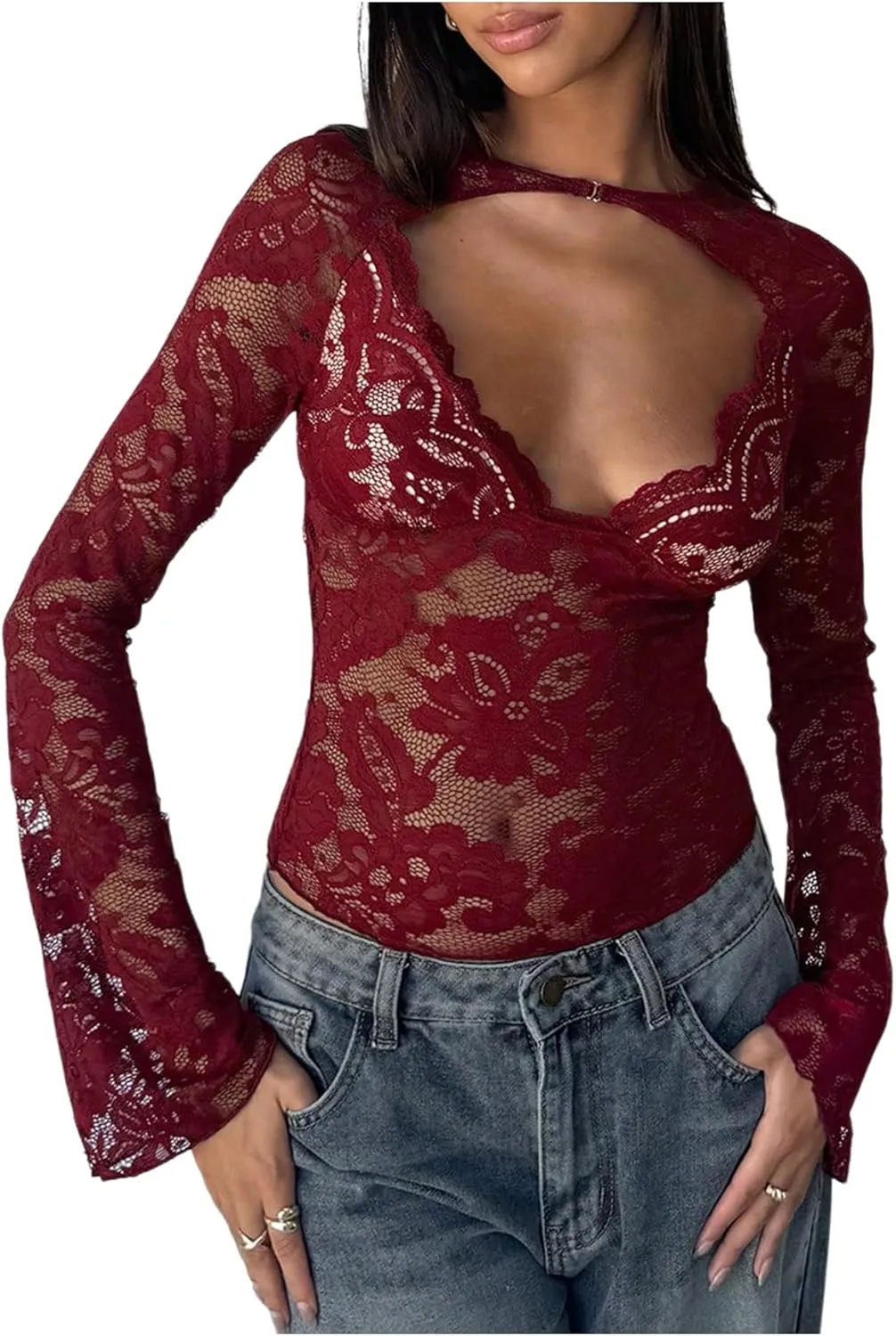 MakeMeChic Women's Lace Sheer Top Y2k Bell Sleeve Cut Out T Shirt Fitted Crop Tops