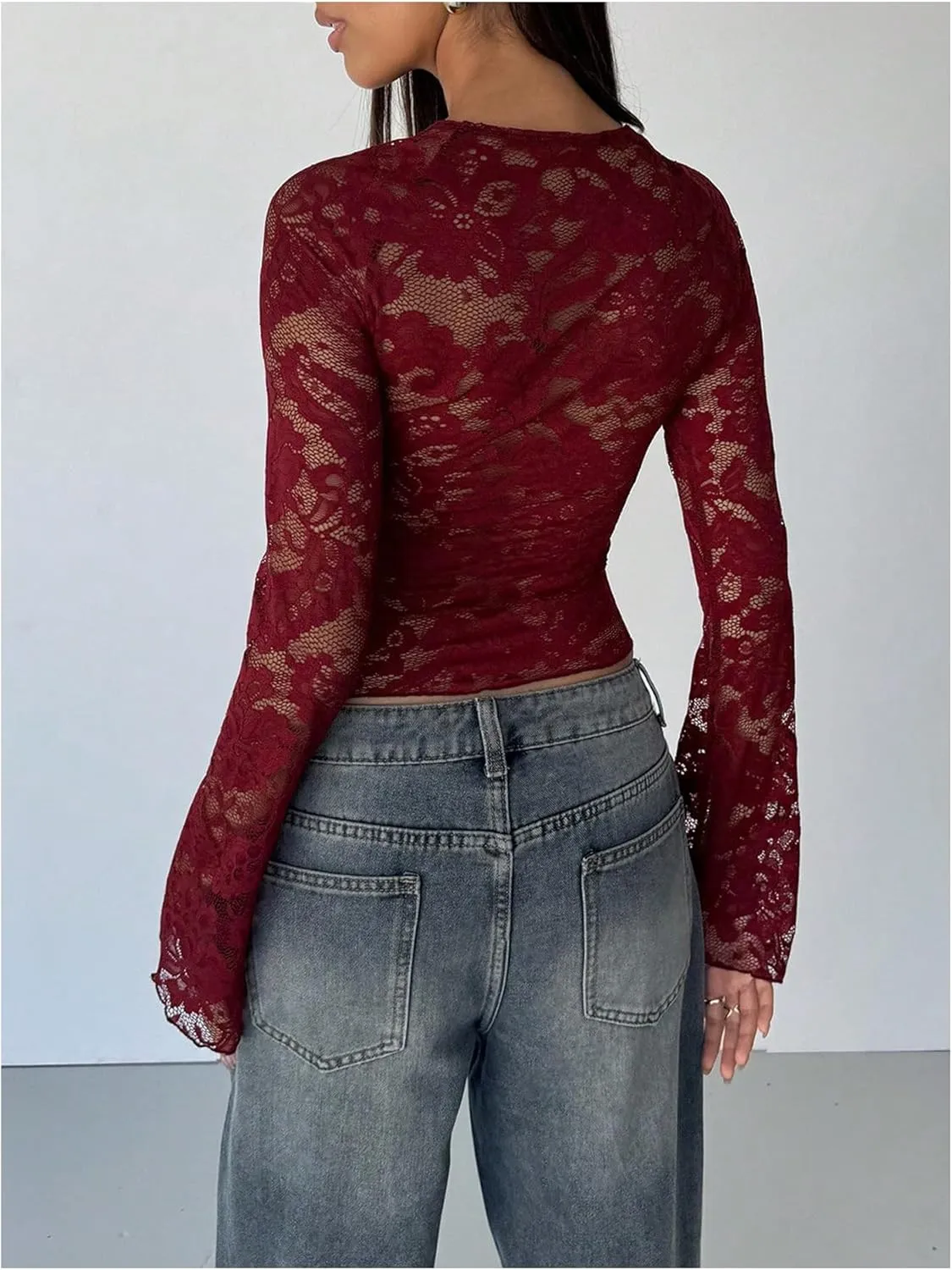 MakeMeChic Women's Lace Sheer Top Y2k Bell Sleeve Cut Out T Shirt Fitted Crop Tops