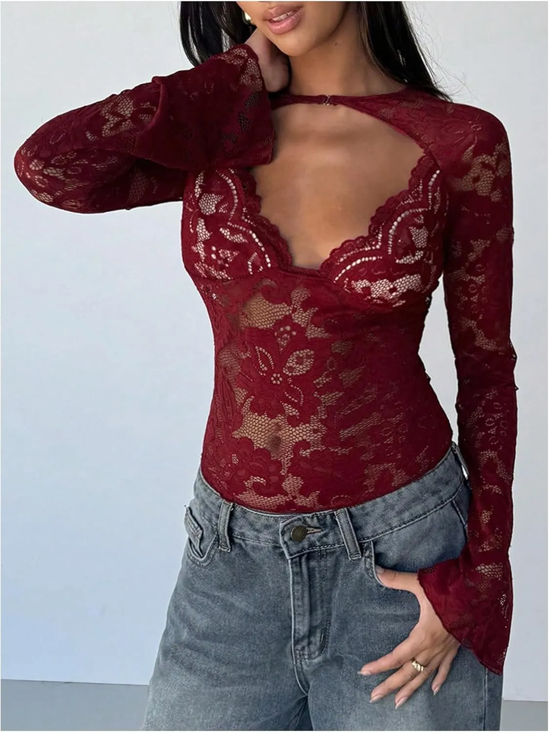 MakeMeChic Women's Lace Sheer Top Y2k Bell Sleeve Cut Out T Shirt Fitted Crop Tops