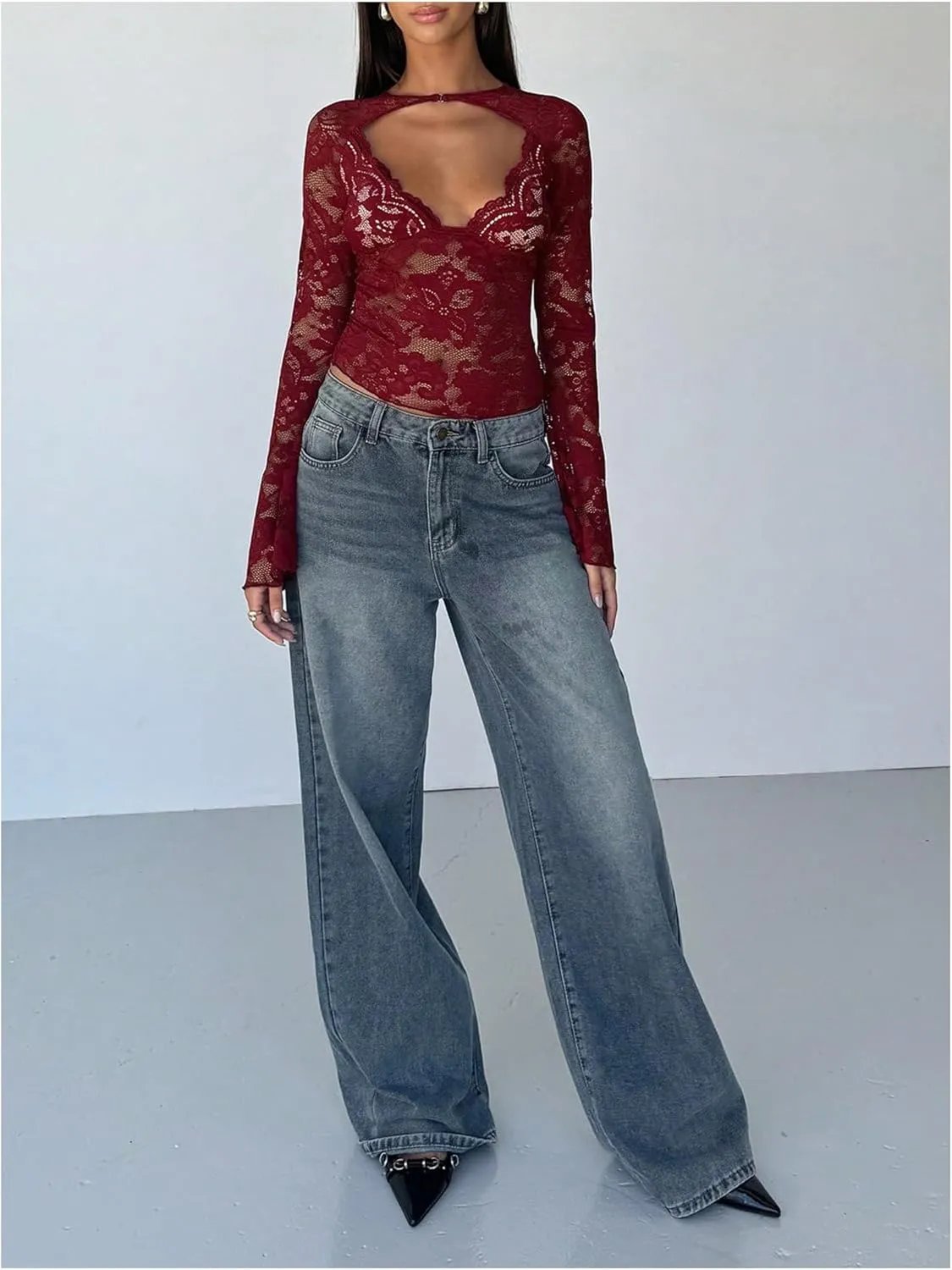 MakeMeChic Women's Lace Sheer Top Y2k Bell Sleeve Cut Out T Shirt Fitted Crop Tops
