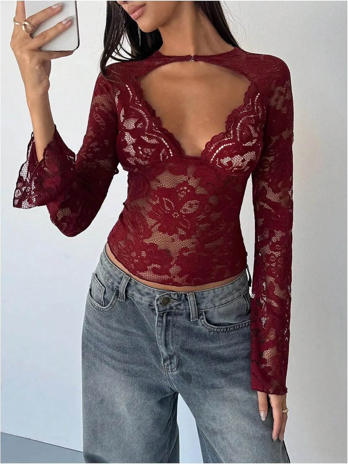 MakeMeChic Women's Lace Sheer Top Y2k Bell Sleeve Cut Out T Shirt Fitted Crop Tops