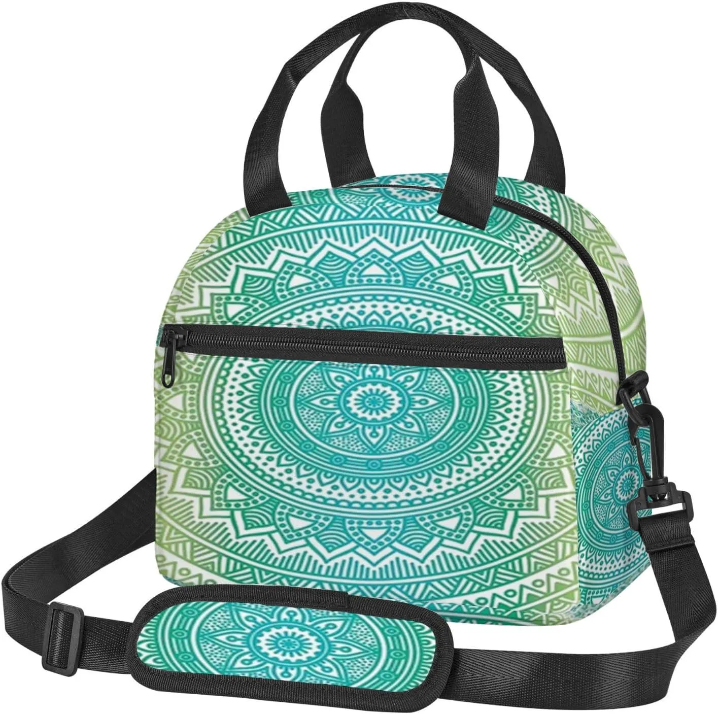 Mandala,Insulated Reusable Lunch Bag with Adjustable Shoulder Strap for Adults,Mandala Pattern with Flower and Petals,Leakproof Office Picnic Hiking Beach Tote Bag,Green Yellow,9x5x7.8in