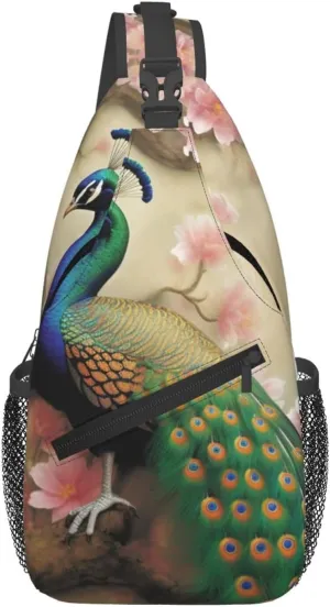 Man's Cross Chest Bag Diagonally Sling Backpack Shoulder Bag Oriental Peacock on Flower Tree Sling Bag for Women Hiking Daypack