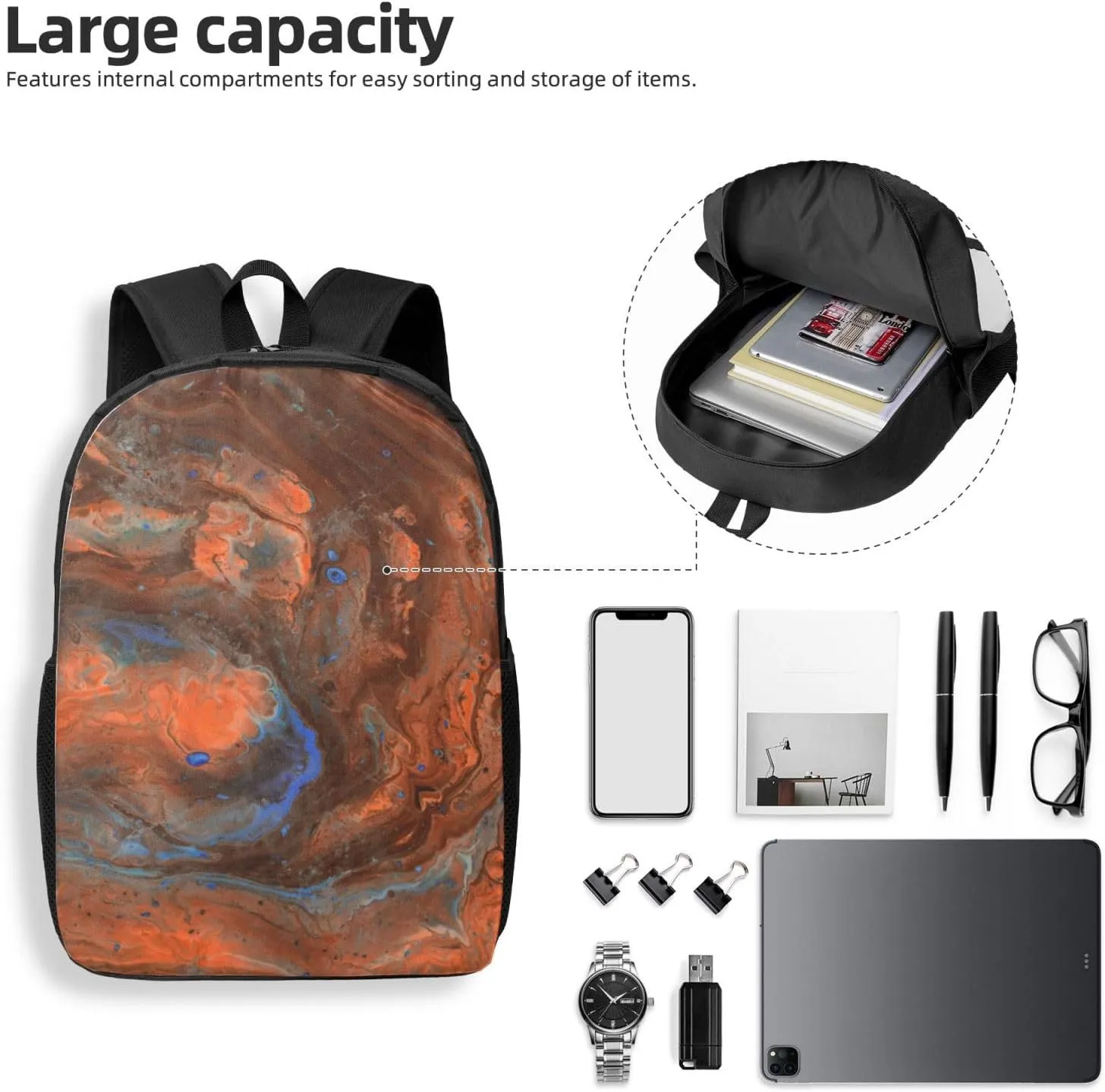 Marble Texture Backpack, 17 Inch Travel Business Laptop Backpack For Women Men