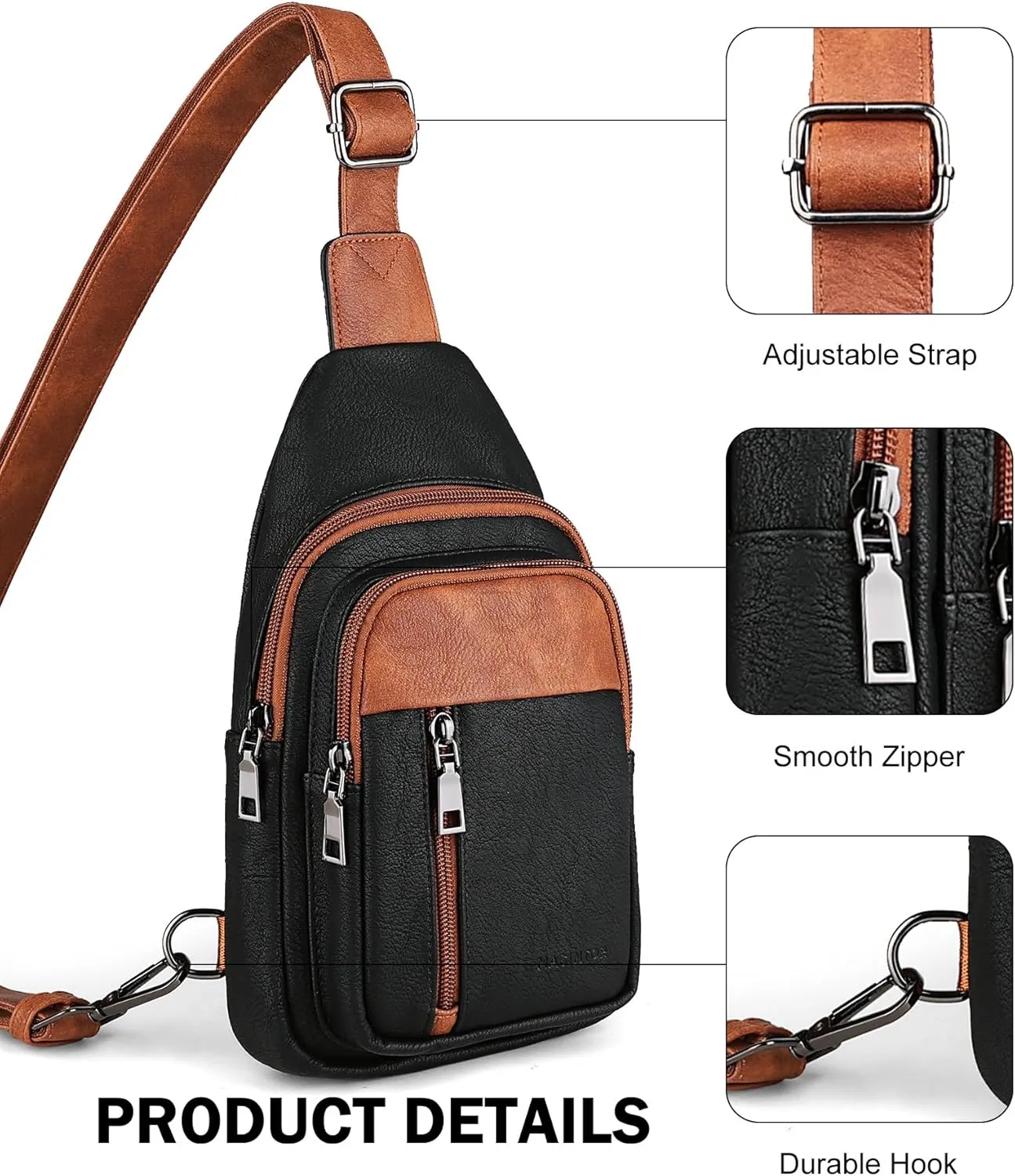 MASINTOR Sling Bag for Women - Crossbody Bags Fanny Pack with Vegan Leather - Adjustable Sling Backack for Travel Black Brown