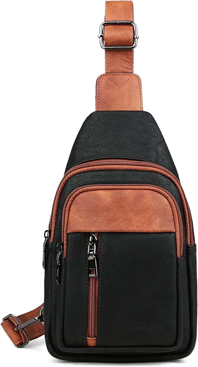 MASINTOR Sling Bag for Women - Crossbody Bags Fanny Pack with Vegan Leather - Adjustable Sling Backack for Travel Black Brown