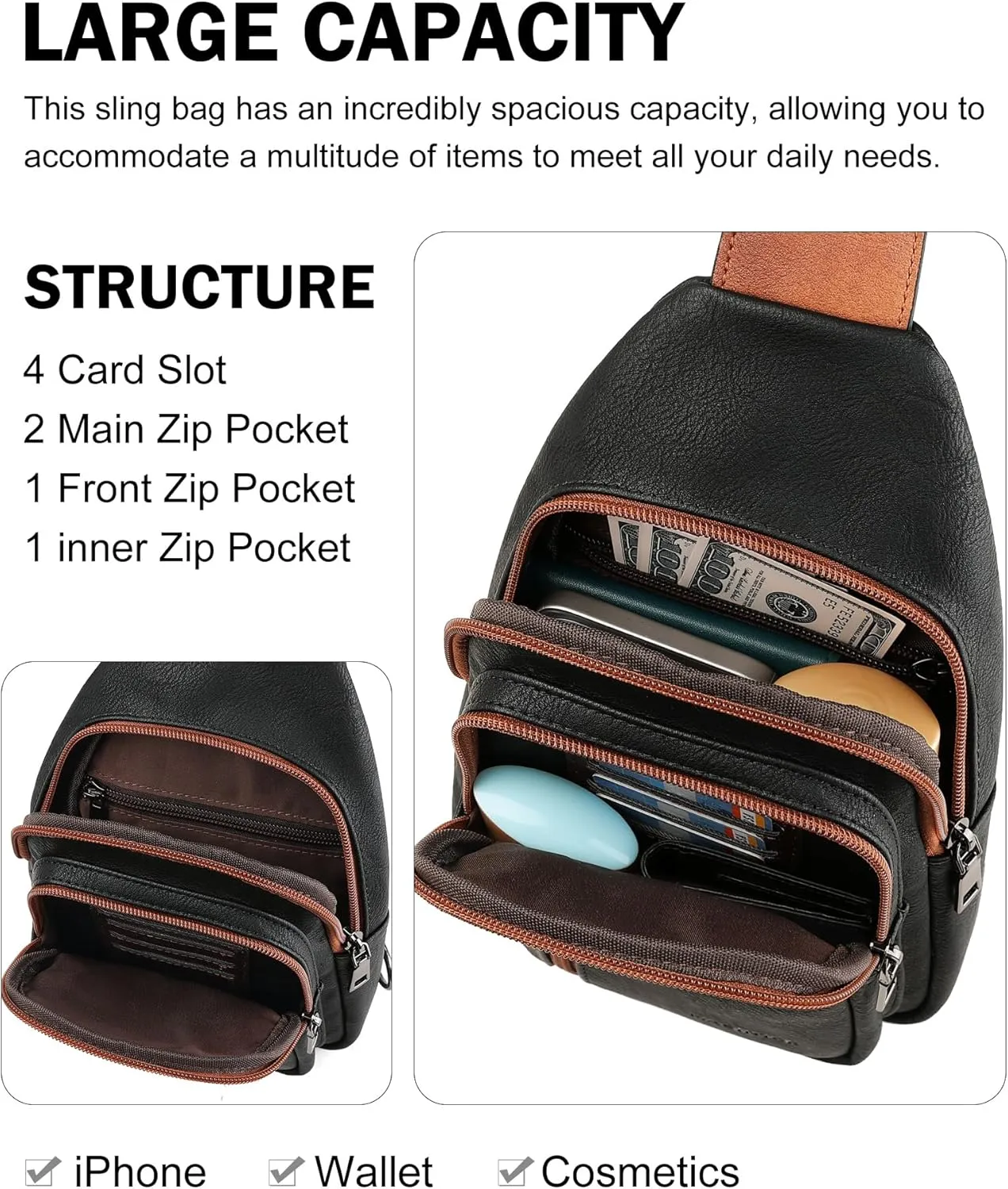 MASINTOR Sling Bag for Women - Crossbody Bags Fanny Pack with Vegan Leather - Adjustable Sling Backack for Travel Black Brown