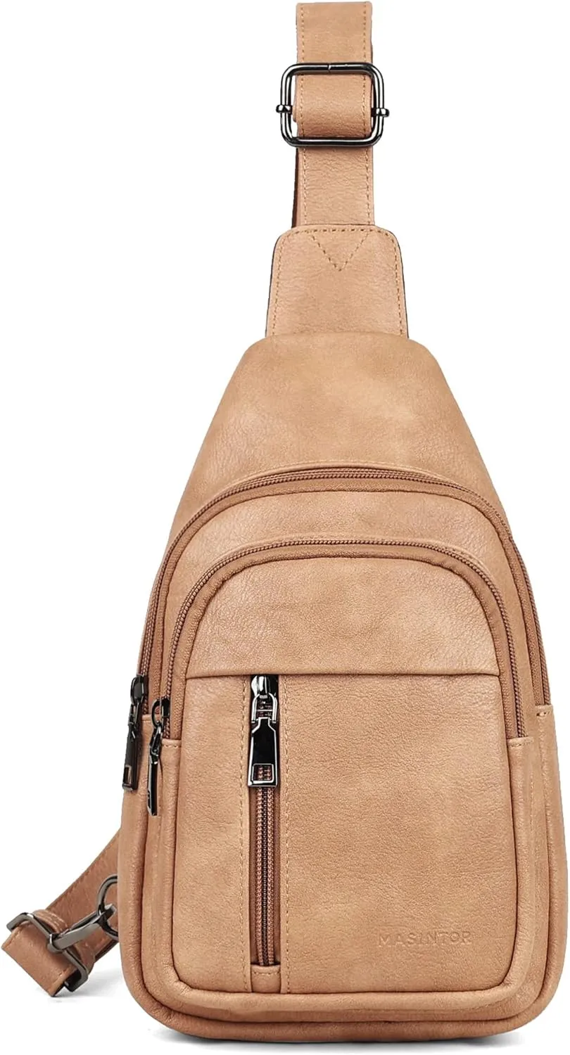 MASINTOR Sling Bag for Women - Crossbody Bags Fanny Pack with Vegan Leather - Adjustable Sling Backack for Travel Camel Brown