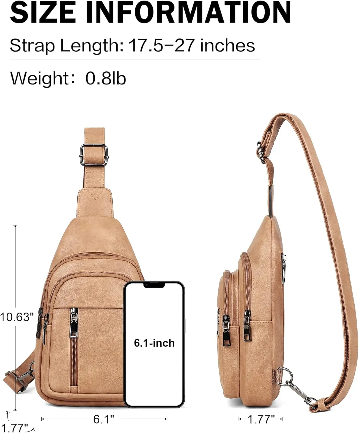 MASINTOR Sling Bag for Women - Crossbody Bags Fanny Pack with Vegan Leather - Adjustable Sling Backack for Travel Camel Brown