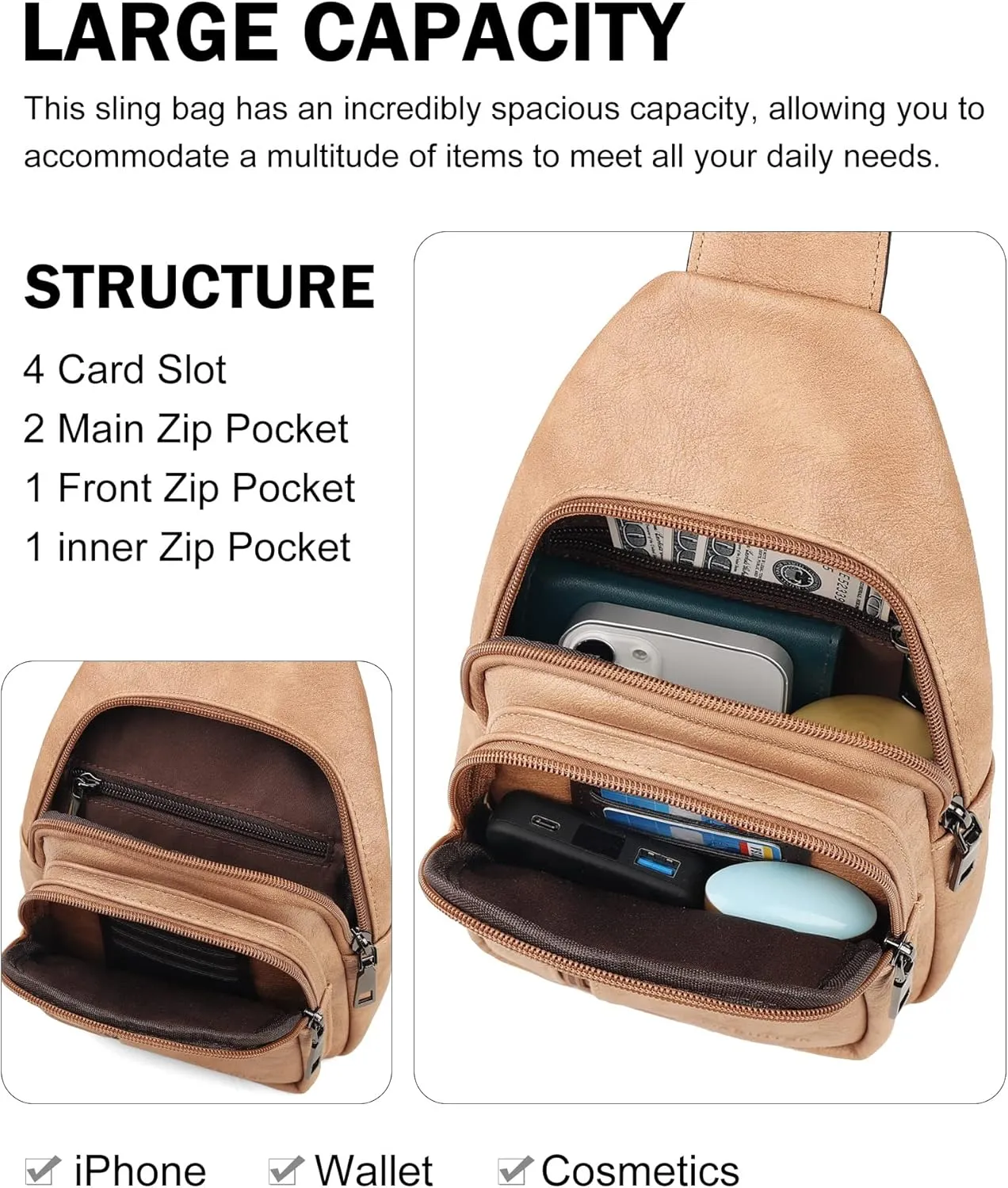 MASINTOR Sling Bag for Women - Crossbody Bags Fanny Pack with Vegan Leather - Adjustable Sling Backack for Travel Camel Brown