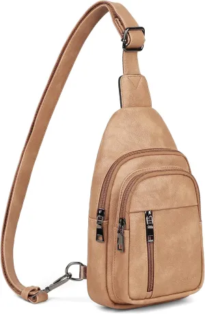 MASINTOR Sling Bag for Women - Crossbody Bags Fanny Pack with Vegan Leather - Adjustable Sling Backack for Travel Camel Brown