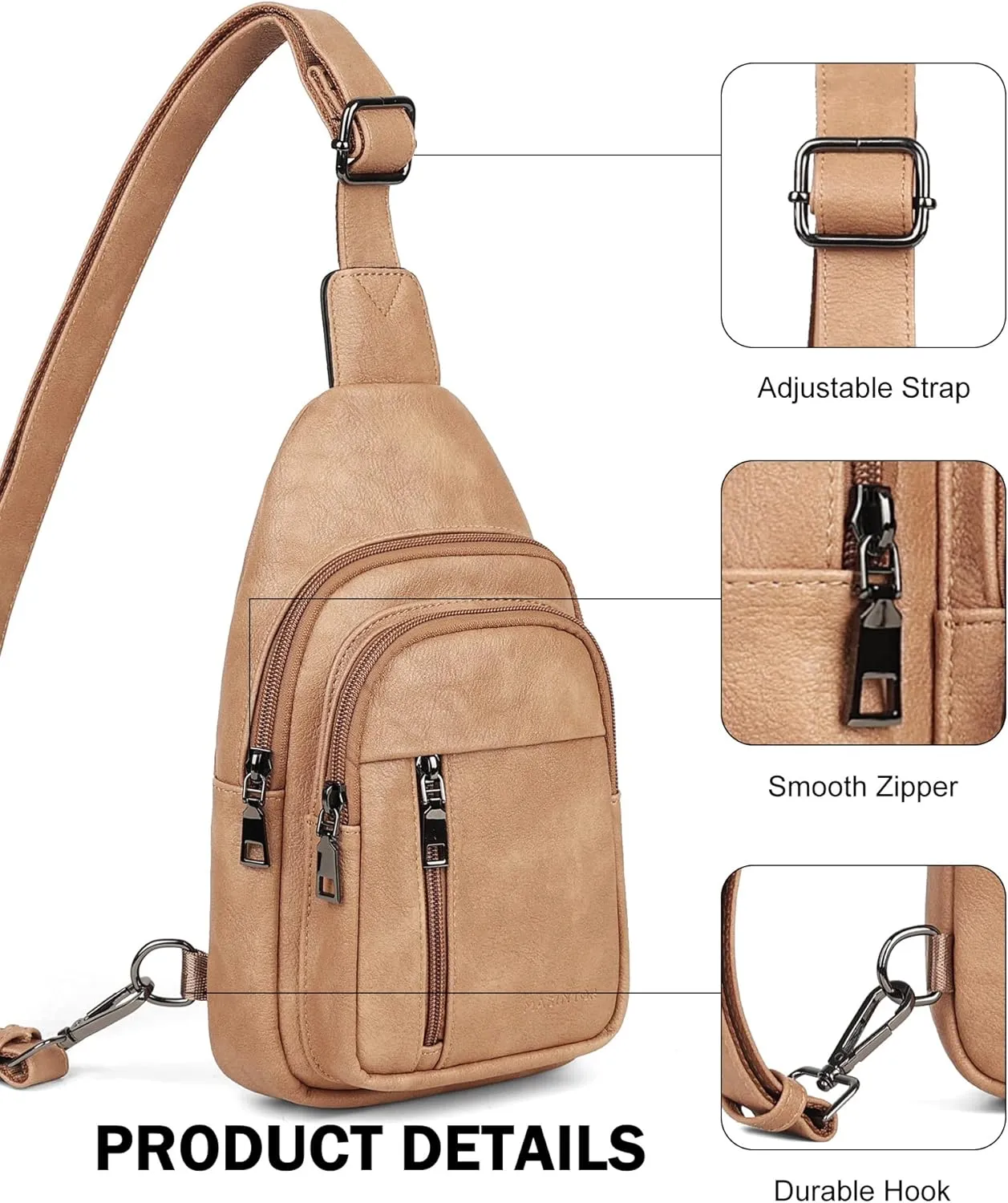 MASINTOR Sling Bag for Women - Crossbody Bags Fanny Pack with Vegan Leather - Adjustable Sling Backack for Travel Camel Brown