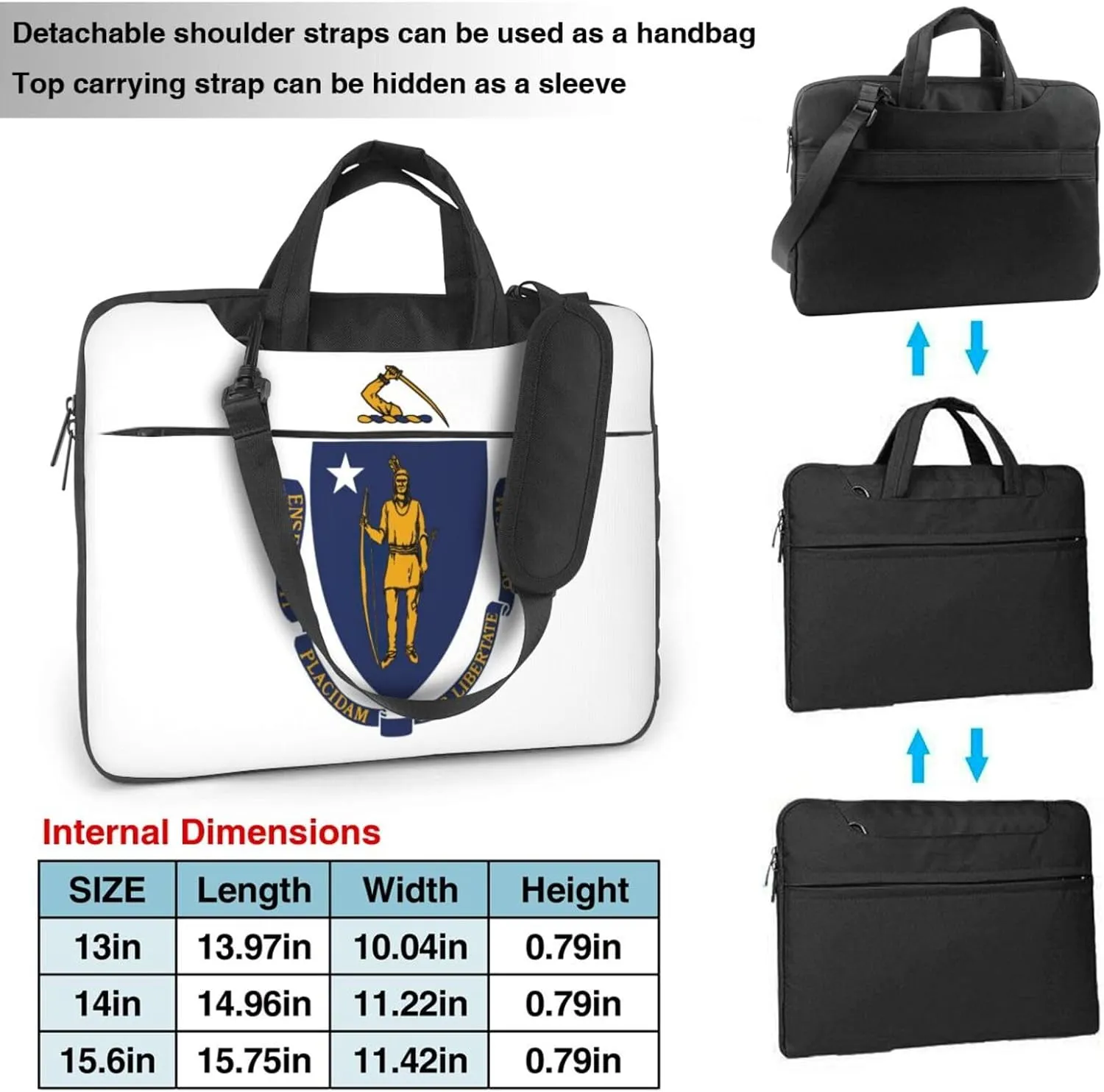 Massachusetts State Flag Print Laptop Adjustable Shoulder Strap With Handle Accessory Pocket For Men Women