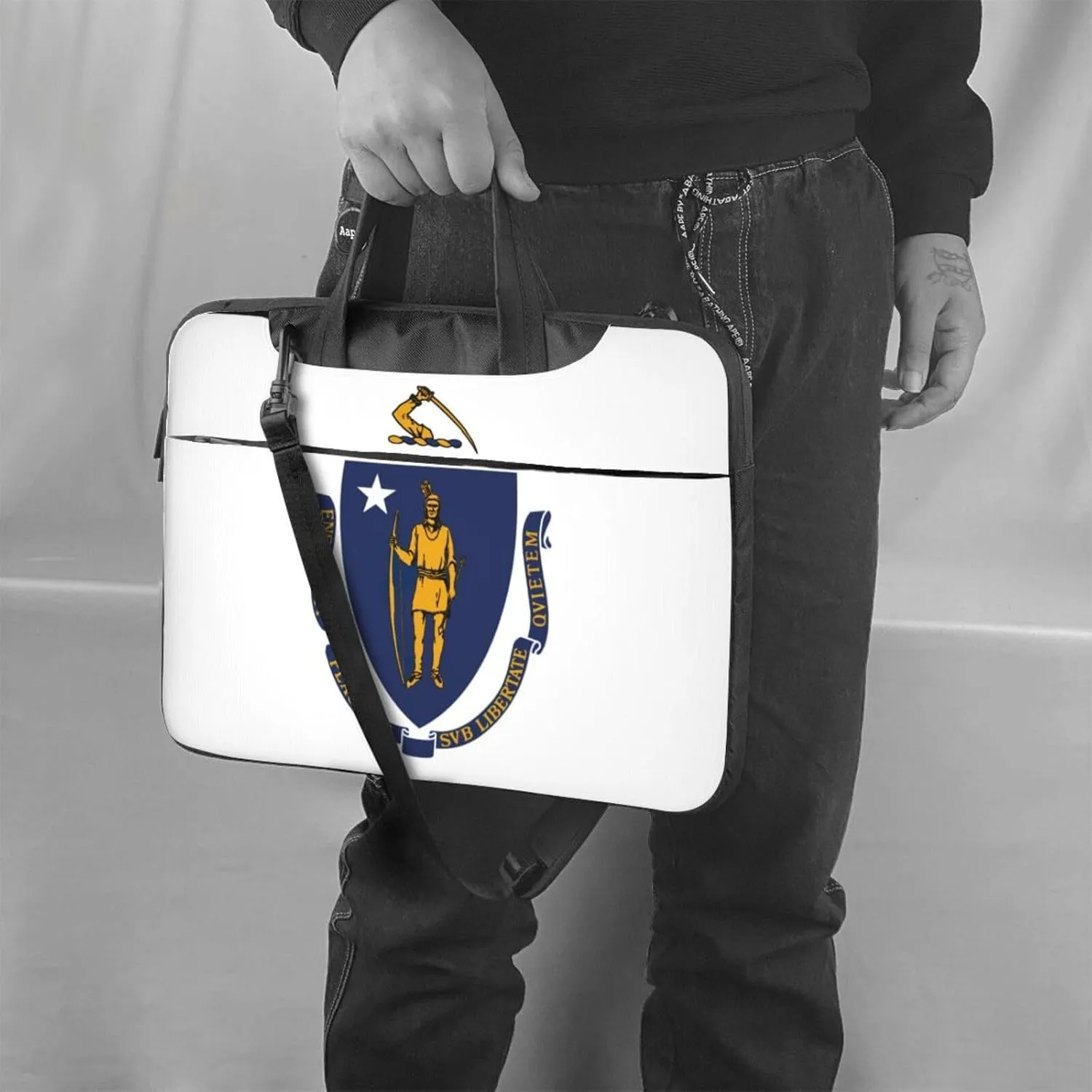 Massachusetts State Flag Print Laptop Adjustable Shoulder Strap With Handle Accessory Pocket For Men Women
