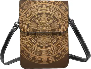 Mayan Calendar Sun Moon Vintage Geometric Time Brown Crossbody Cell Phone Purse For Women Teen Girls Leather Small Crossbody Bag Mini Phone Pouch Purse, 7.5x5.3 Inches