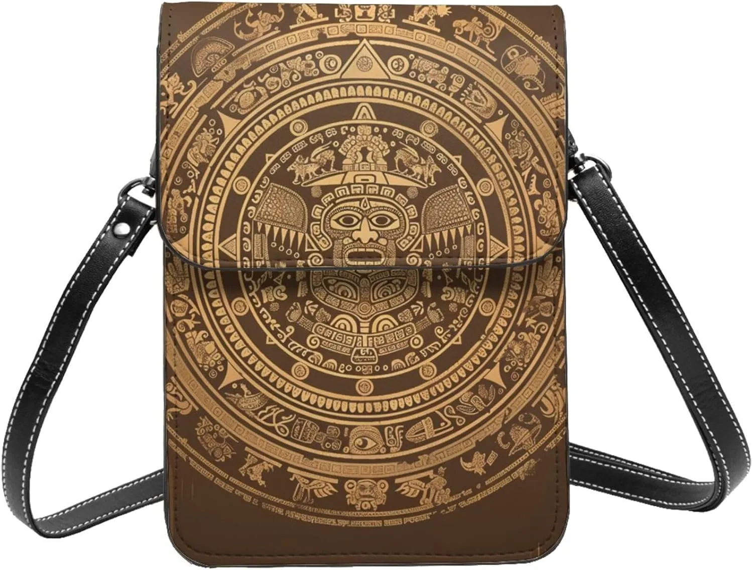 Mayan Calendar Sun Moon Vintage Geometric Time Brown Crossbody Cell Phone Purse For Women Teen Girls Leather Small Crossbody Bag Mini Phone Pouch Purse, 7.5x5.3 Inches