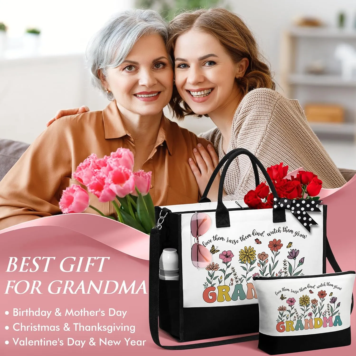 MAYICIVO Grandma Gifts: Canvas Tote Bag & Makeup Bag Set for Grandma, Nana, Gigi, Mimi from Grandkids, Granddaughter, Grandson - Black, 17.3" x 6.3" x 13.4" - Women-Older (Grandmothers) - Female