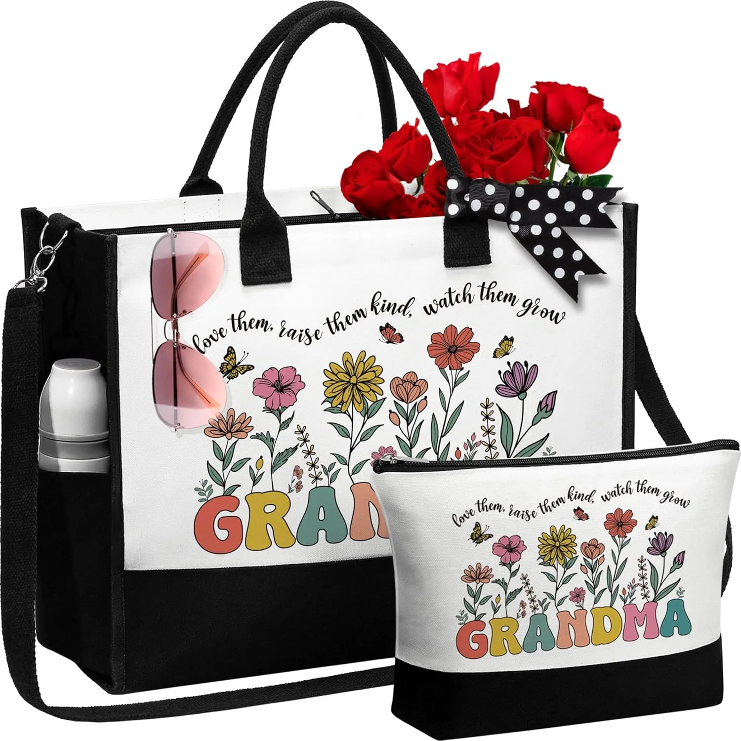 MAYICIVO Grandma Gifts: Canvas Tote Bag & Makeup Bag Set for Grandma, Nana, Gigi, Mimi from Grandkids, Granddaughter, Grandson - Black, 17.3" x 6.3" x 13.4" - Women-Older (Grandmothers) - Female