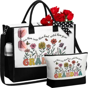 MAYICIVO Grandma Gifts: Canvas Tote Bag & Makeup Bag Set for Grandma, Nana, Gigi, Mimi from Grandkids, Granddaughter, Grandson - Black, 17.3" x 6.3" x 13.4" - Women-Older (Grandmothers) - Female
